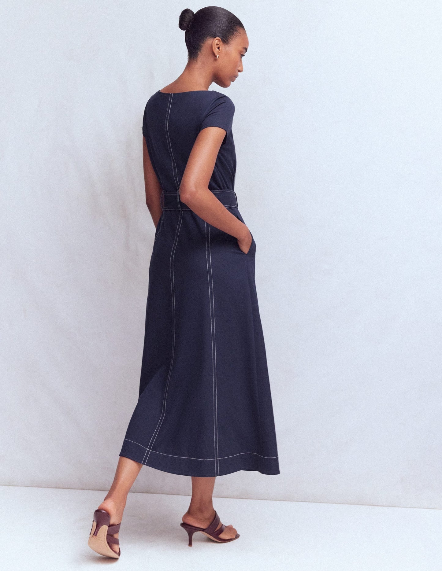 Topstitch Ponte Midi Dress-Navy