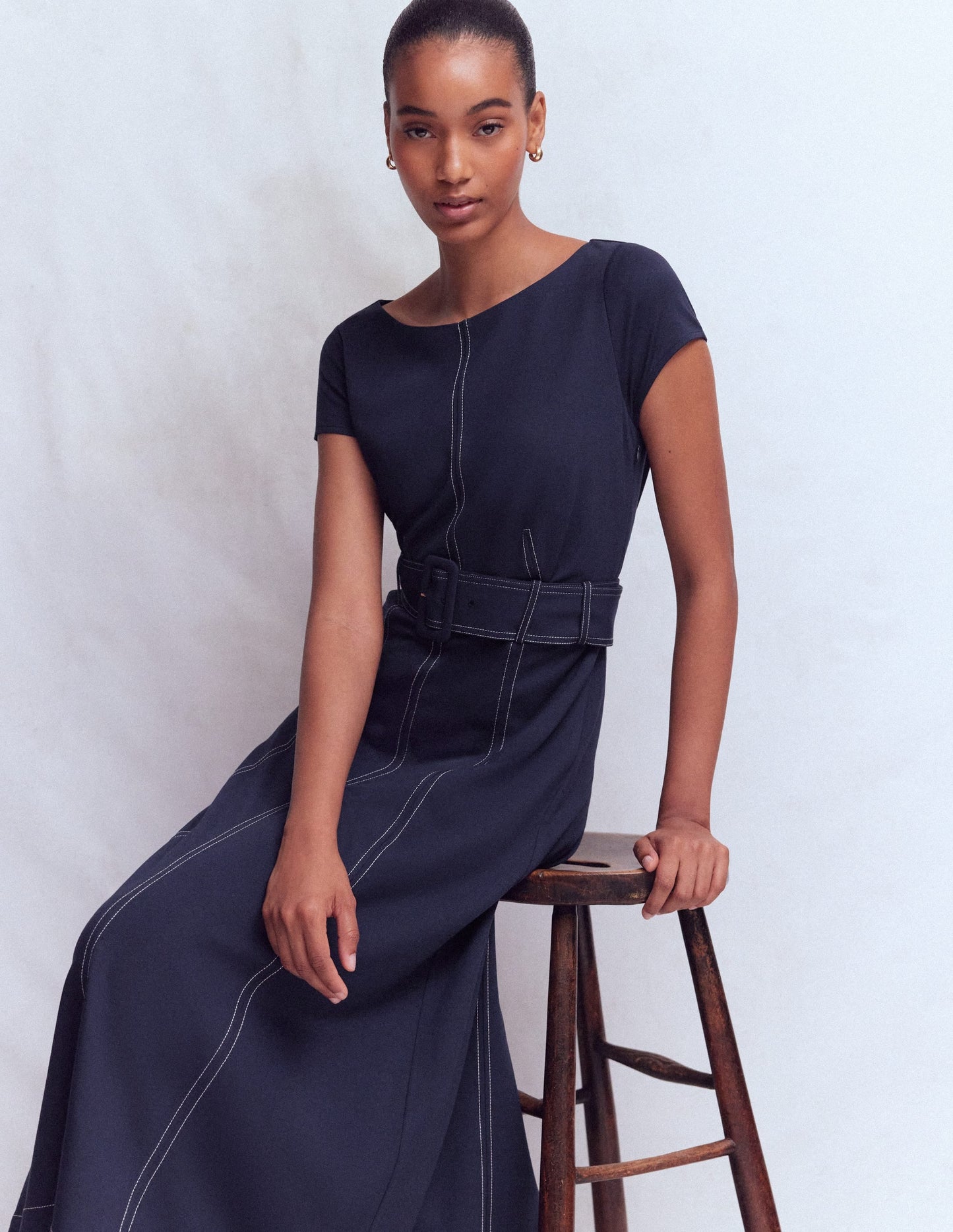 Topstitch Ponte Midi Dress-Navy