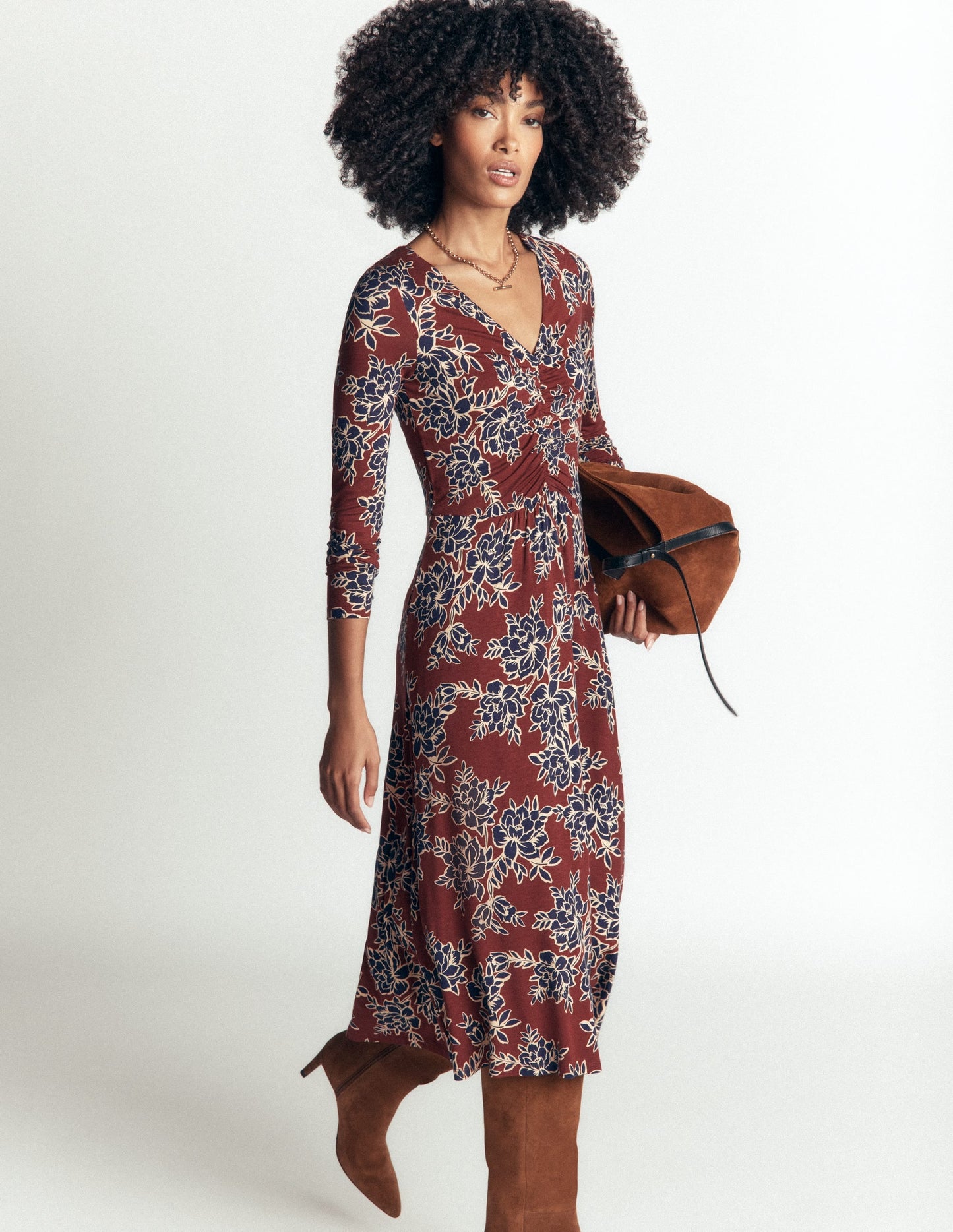 Jasmine Ruched Jersey Dress-Roasted Brown, Enchanted Peony