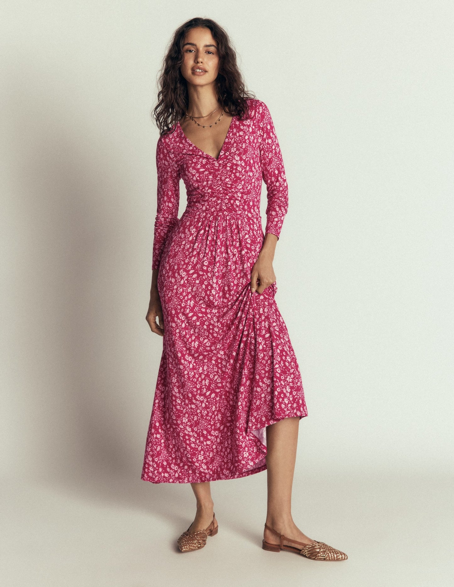 Jasmine Ruched Jersey Dress-Sweet Cherry, Scattered Flora
