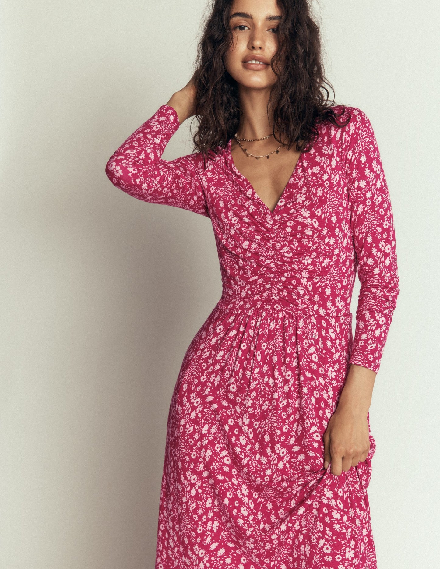 Jasmine Ruched Jersey Dress-Sweet Cherry, Scattered Flora