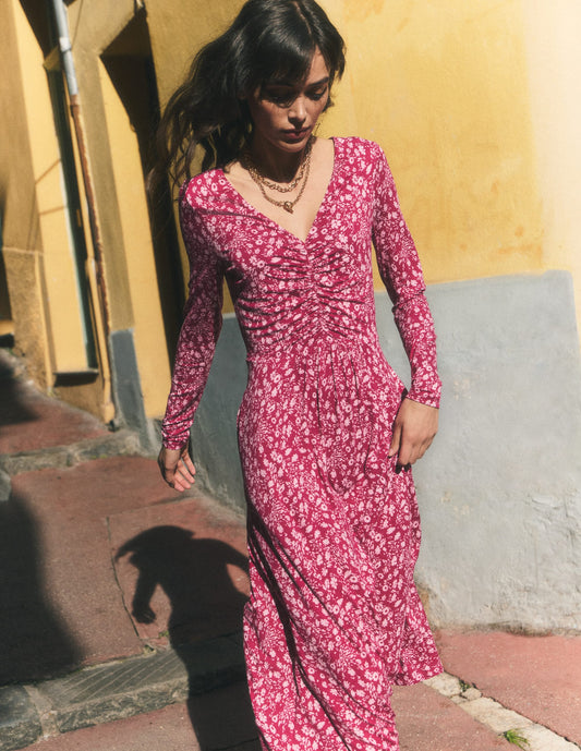 Jasmine Ruched Jersey Dress-Sweet Cherry, Scattered Flora