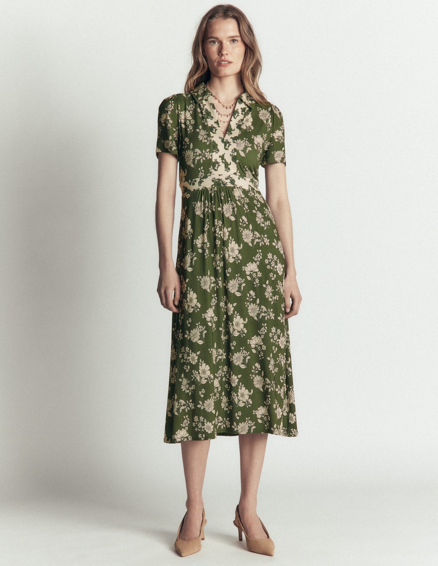 Heidi Jersey Midi Tea Dress-Olive, Floral Field Spaced