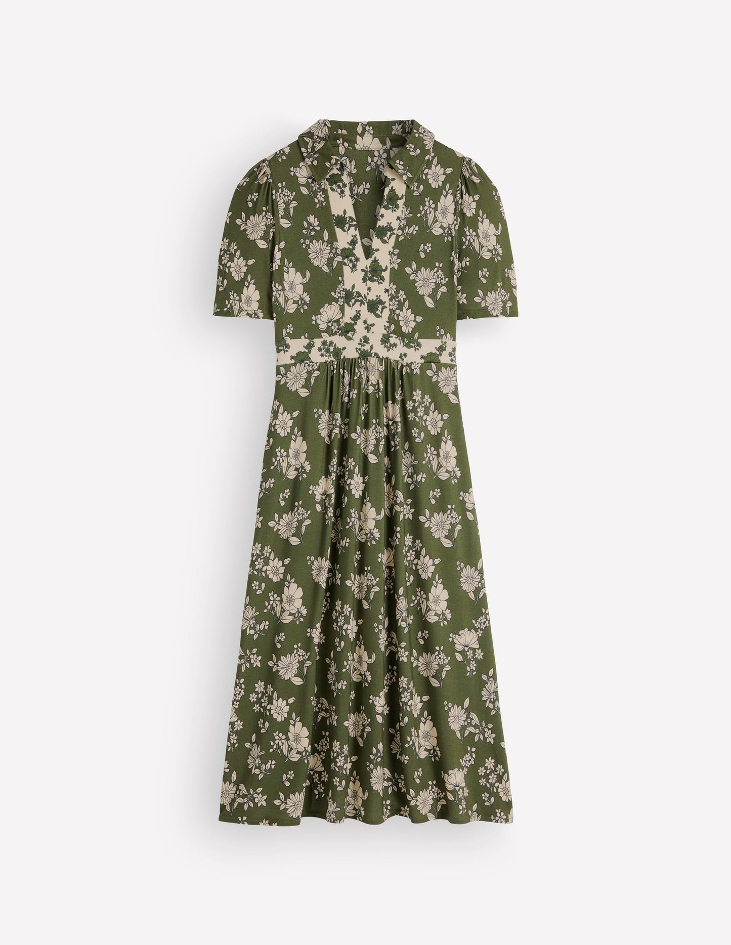 Heidi Jersey Midi Tea Dress-Olive, Floral Field Spaced