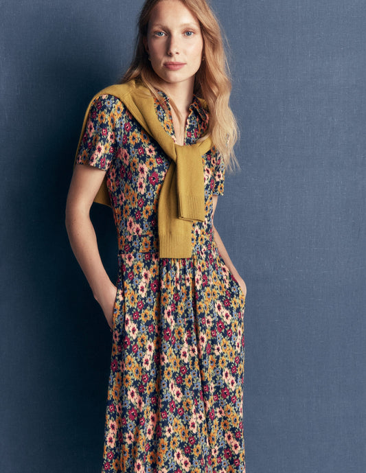 Heidi Jersey Midi Tea Dress-French Navy, Flecked Garden