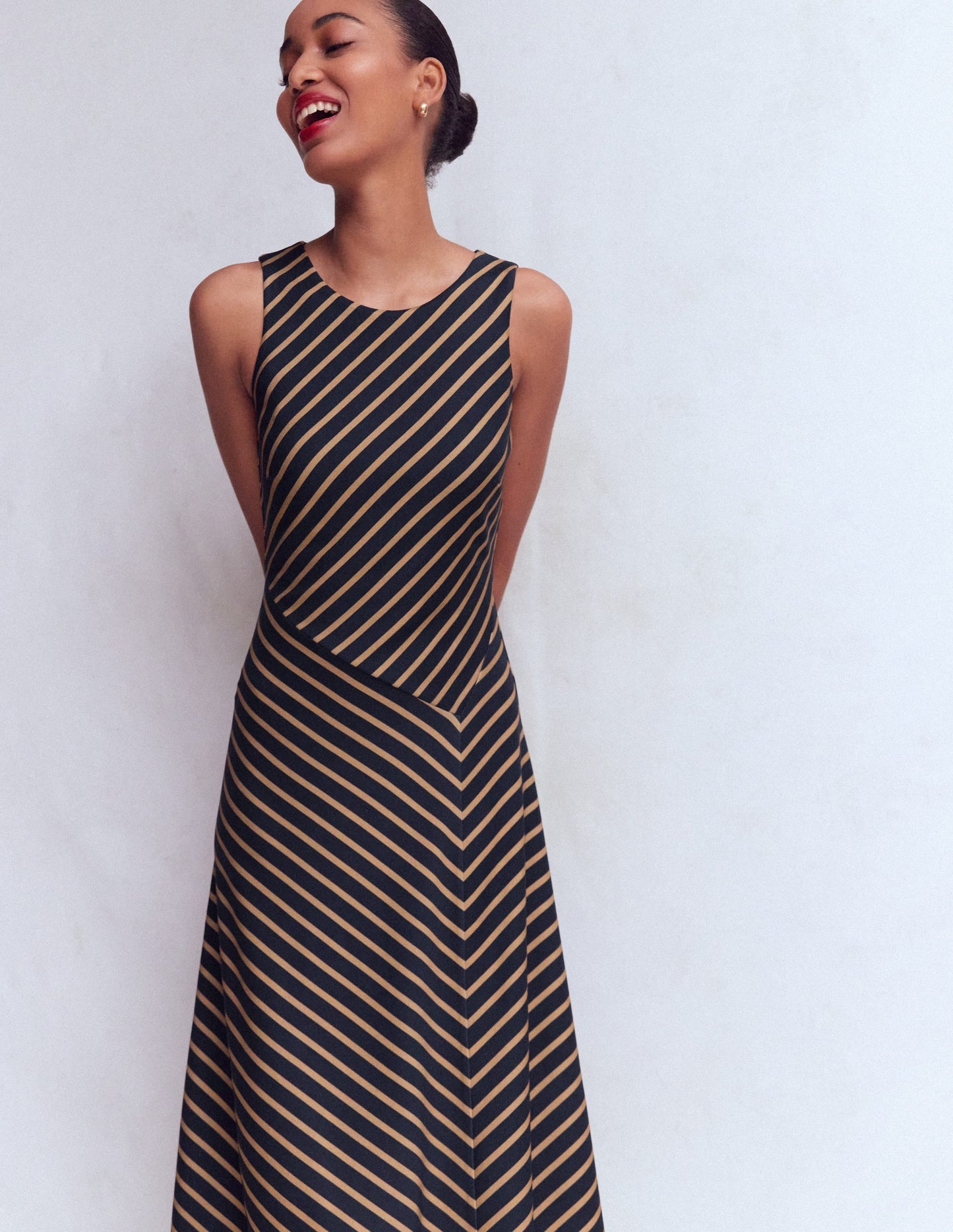 Asymetric Ponte Midi Dress-Navy and Camel Stripe