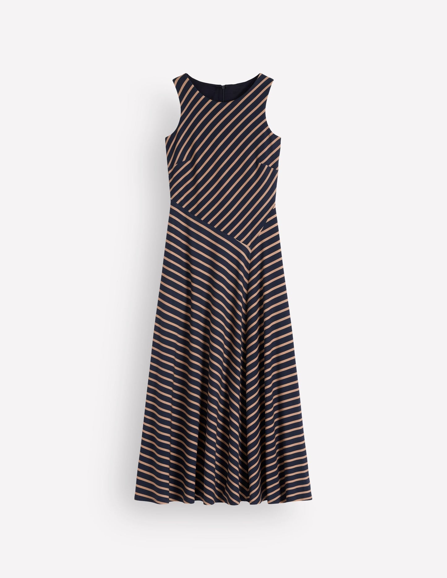 Asymetric Ponte Midi Dress-Navy and Camel Stripe