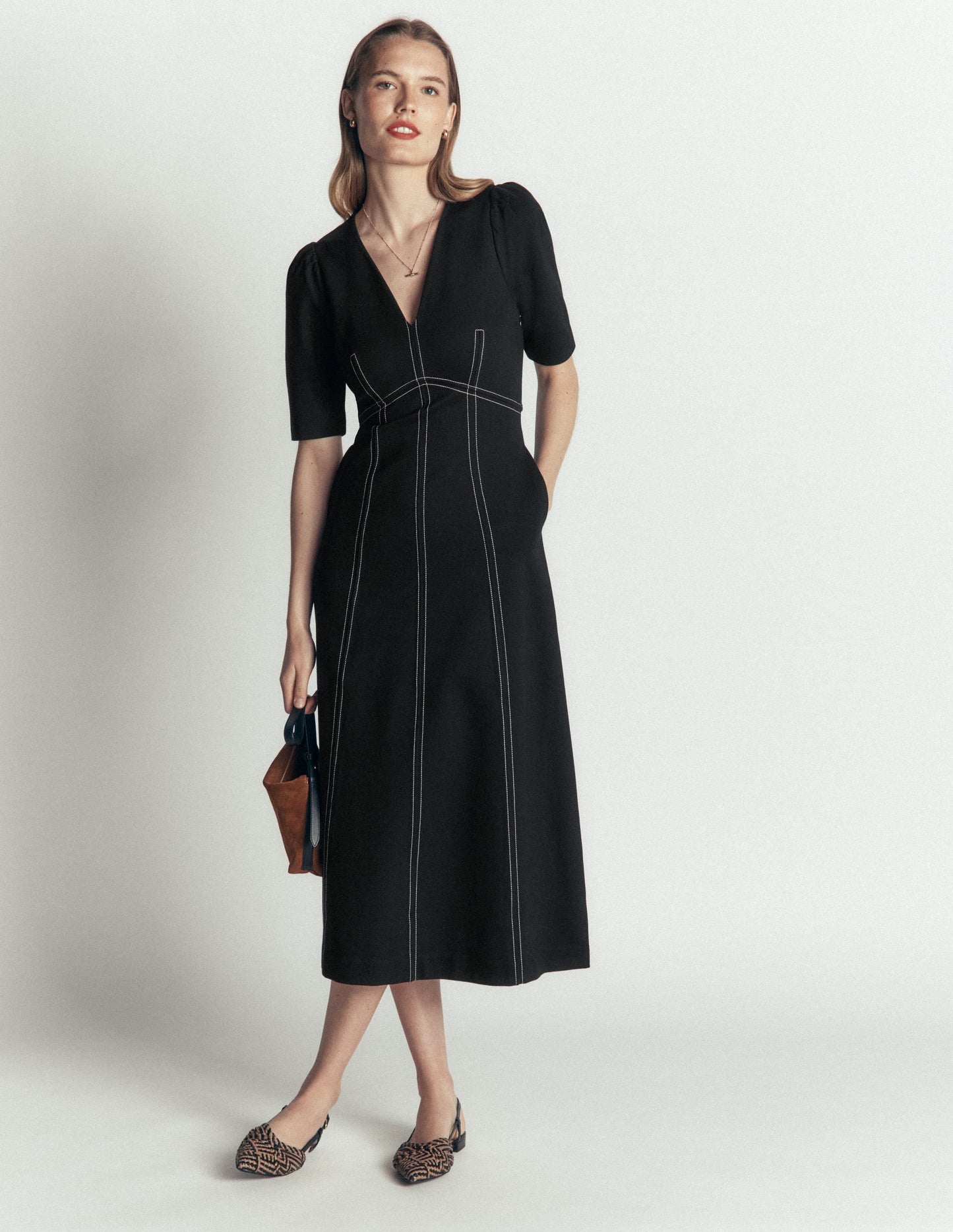 Puff Sleeve Ponte Midi Dress-Black