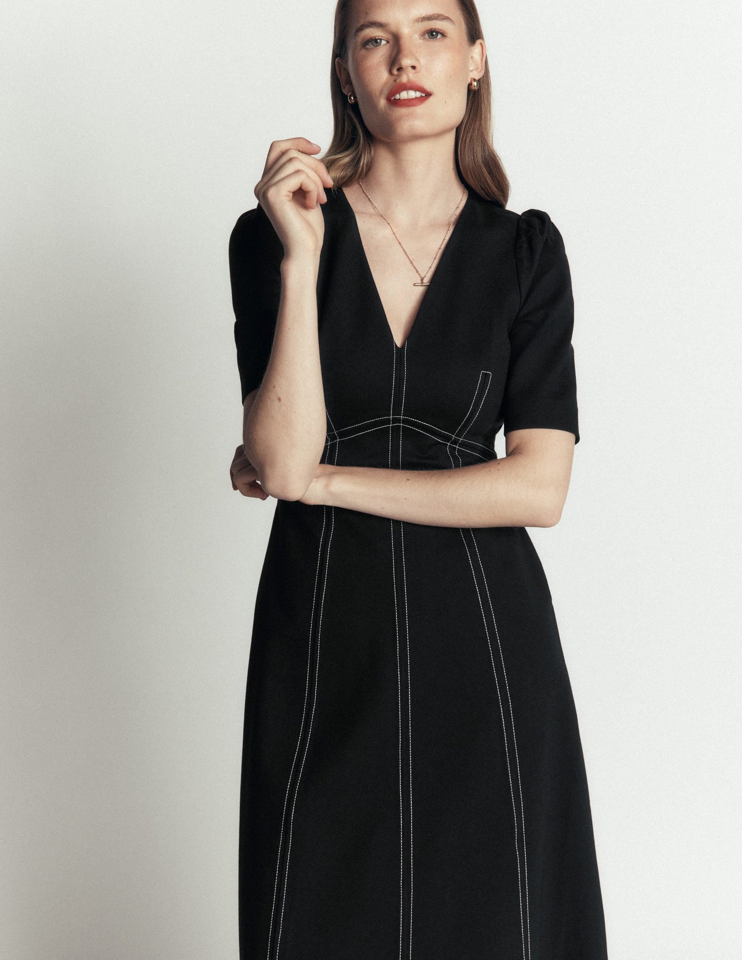 Puff Sleeve Ponte Midi Dress-Black