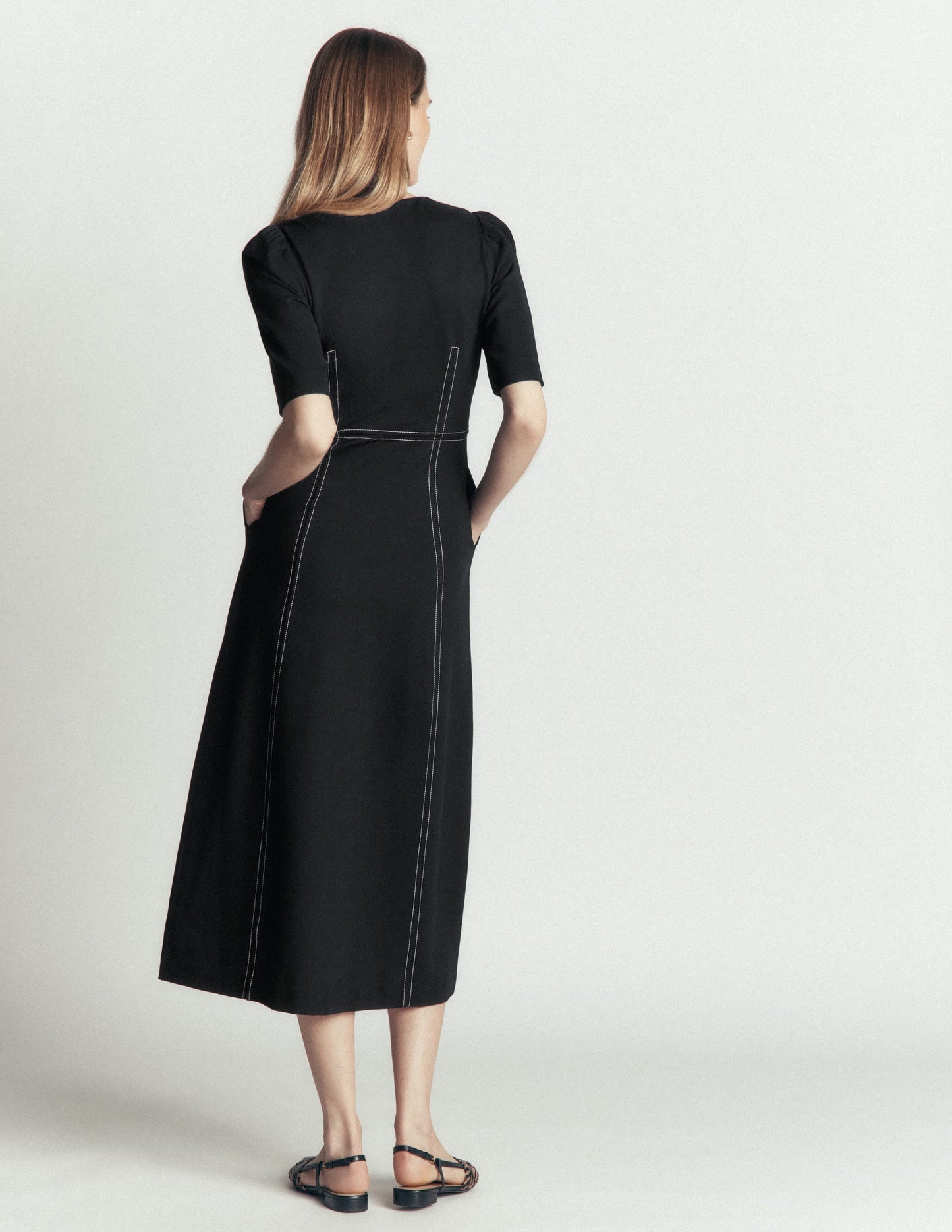 Puff Sleeve Ponte Midi Dress-Black