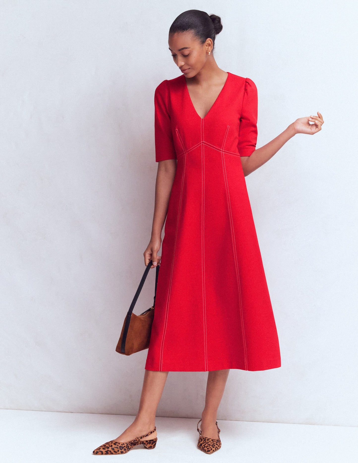 Puff Sleeve Ponte Midi Dress-Merida Red