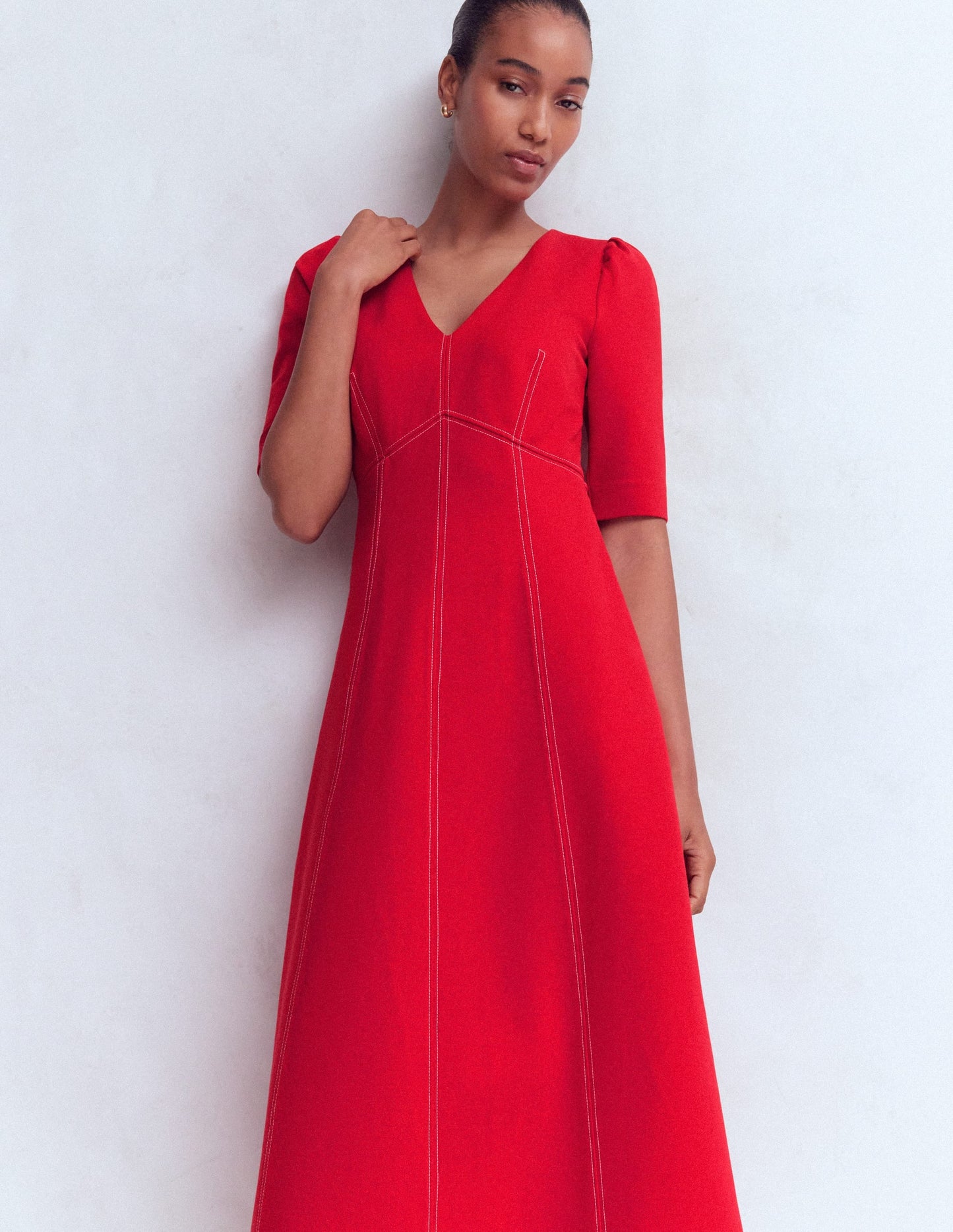Puff Sleeve Ponte Midi Dress-Merida Red
