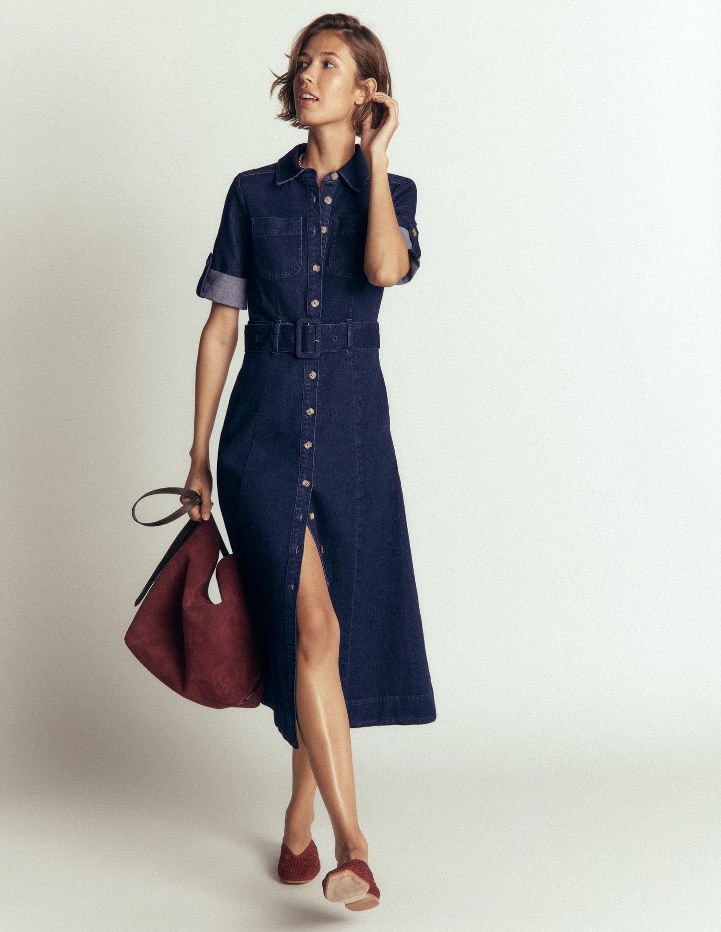 Denim Midi Shirt Dress-Indigo