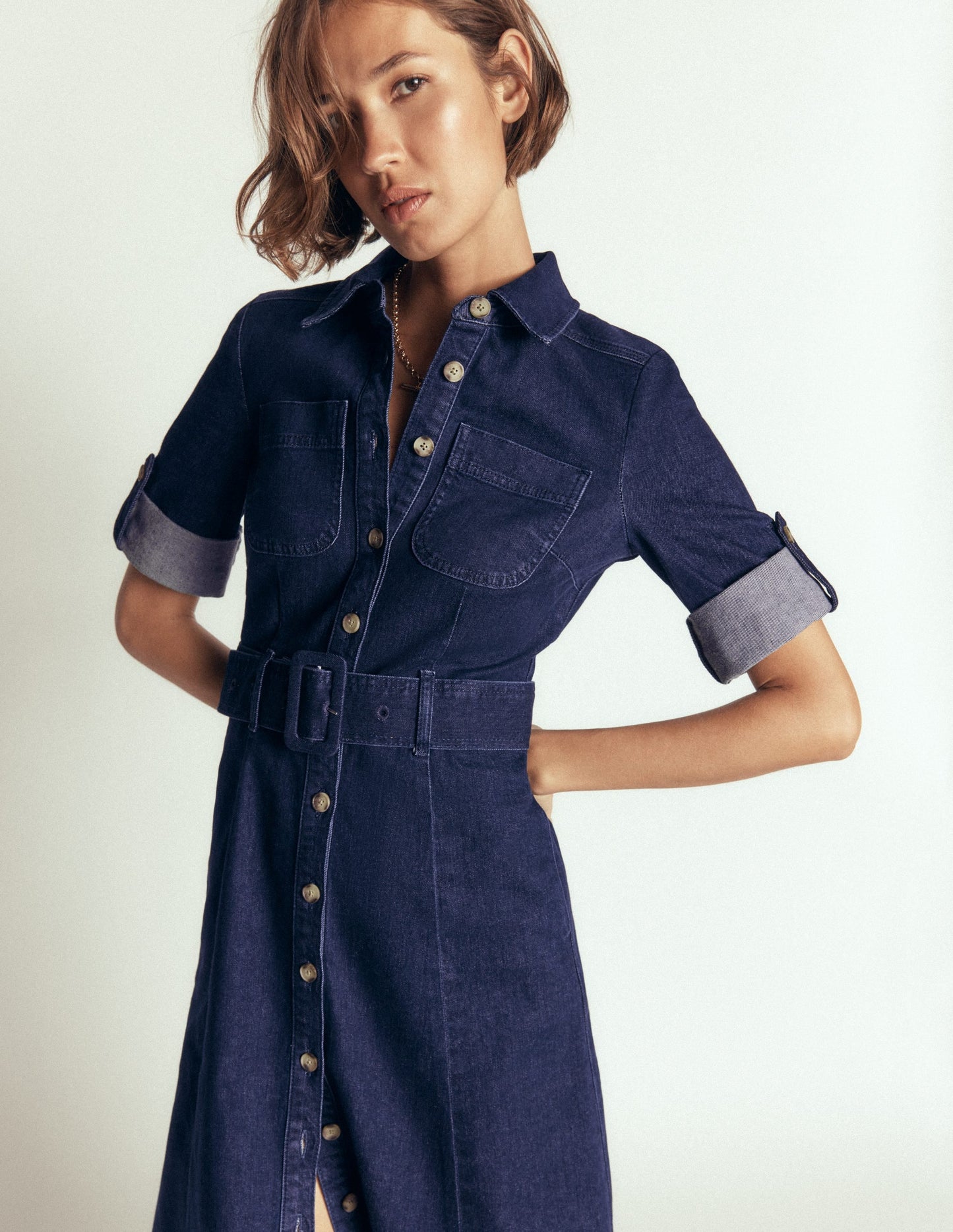 Denim Midi Shirt Dress-Indigo
