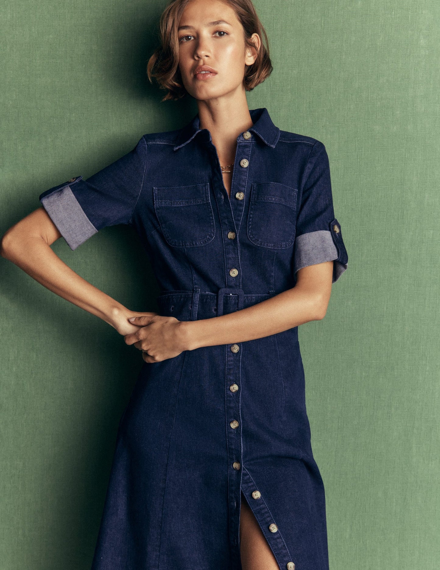 Denim Midi Shirt Dress-Indigo