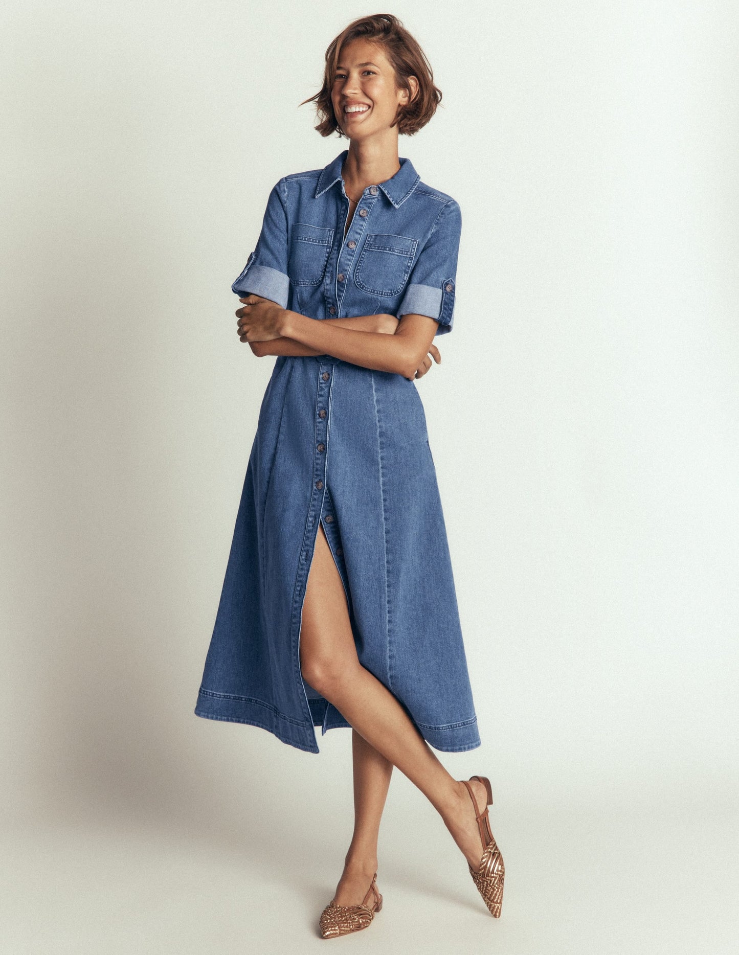 Denim Midi Shirt Dress-Light Vintage