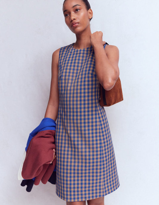 Lou Check Shift Dress-Camel, Blue Gingham