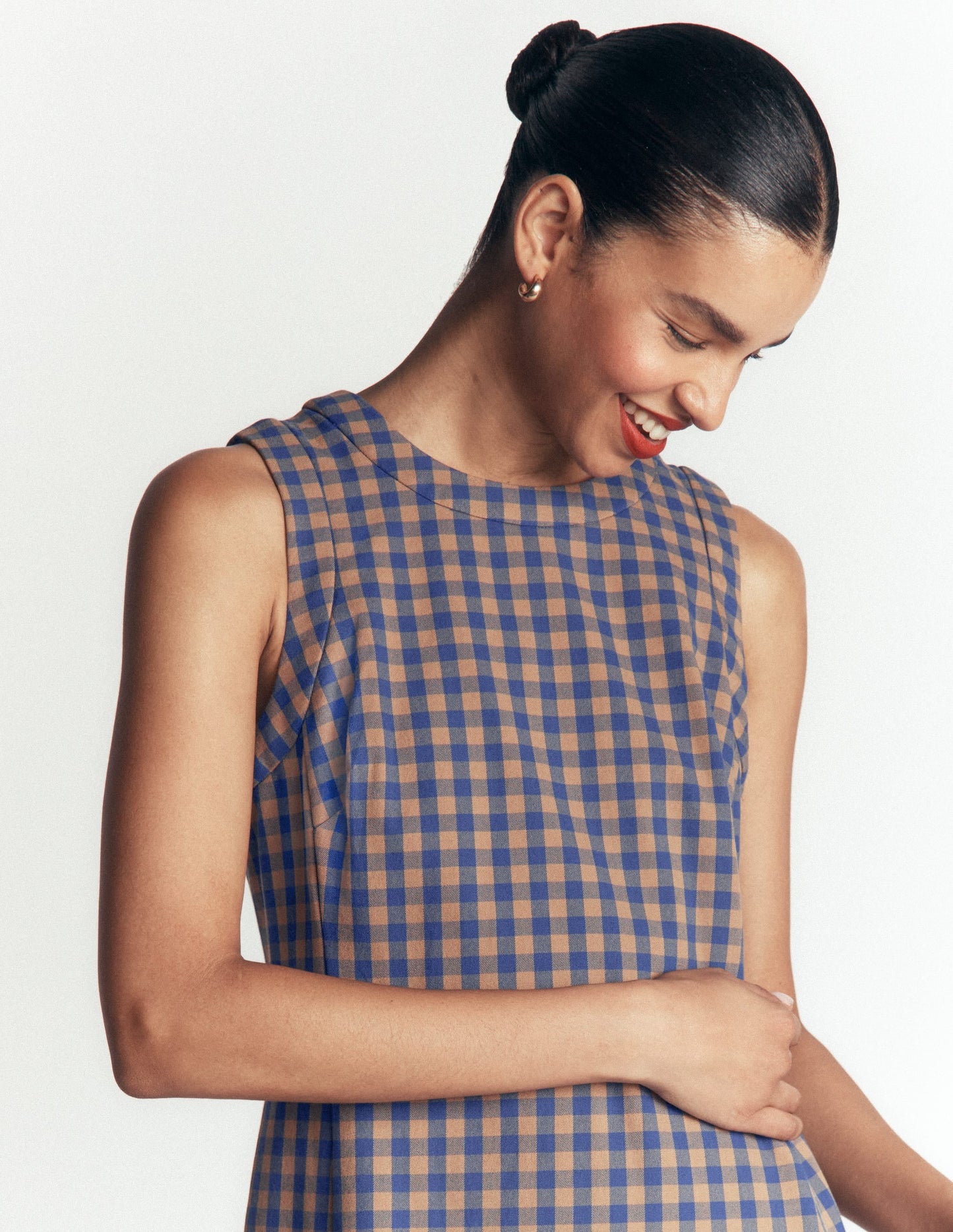 Lou Check Shift Dress-Camel, Blue Gingham