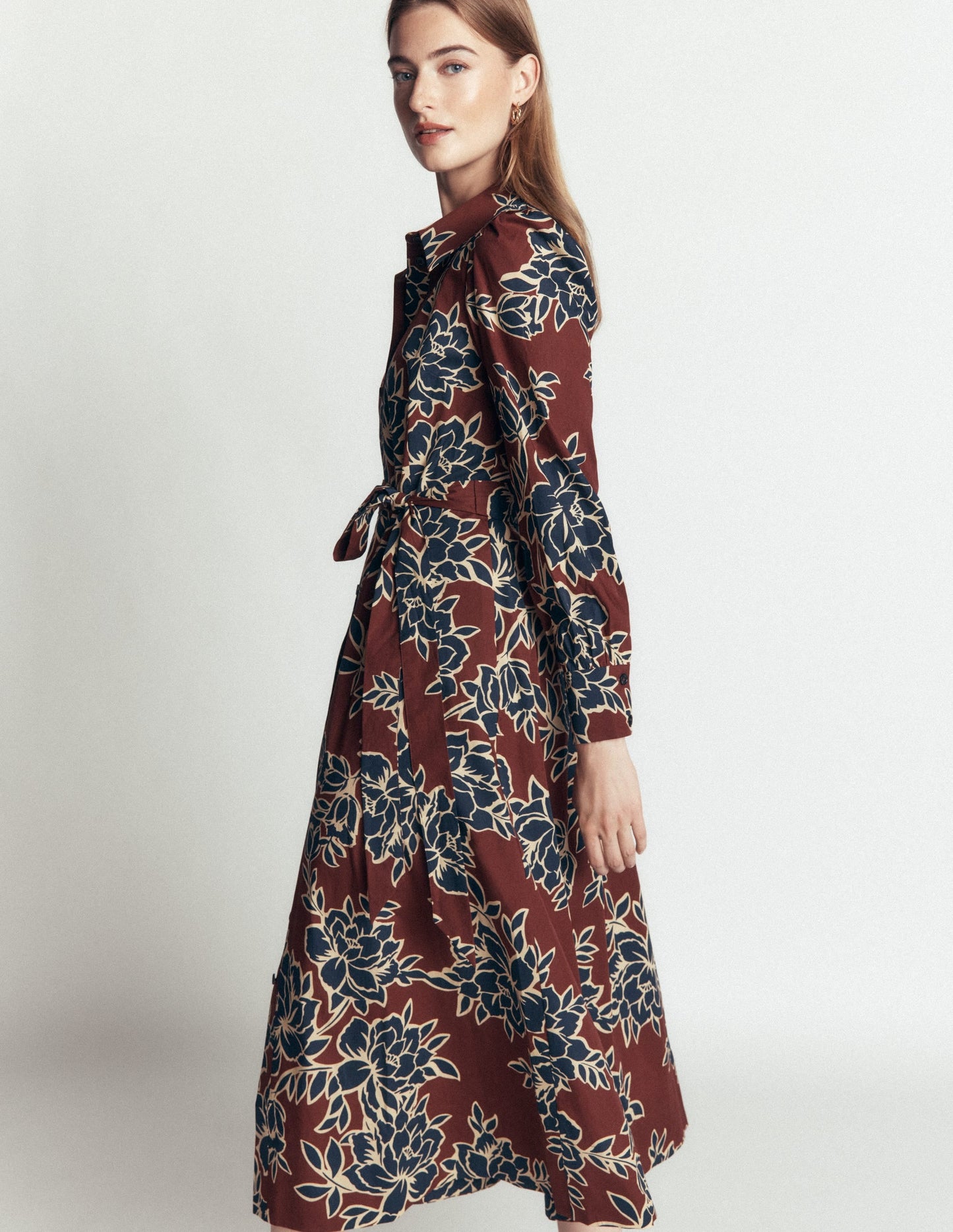 Maeve Cotton Midi Shirt Dress-Brown, Enchanted Peony Large