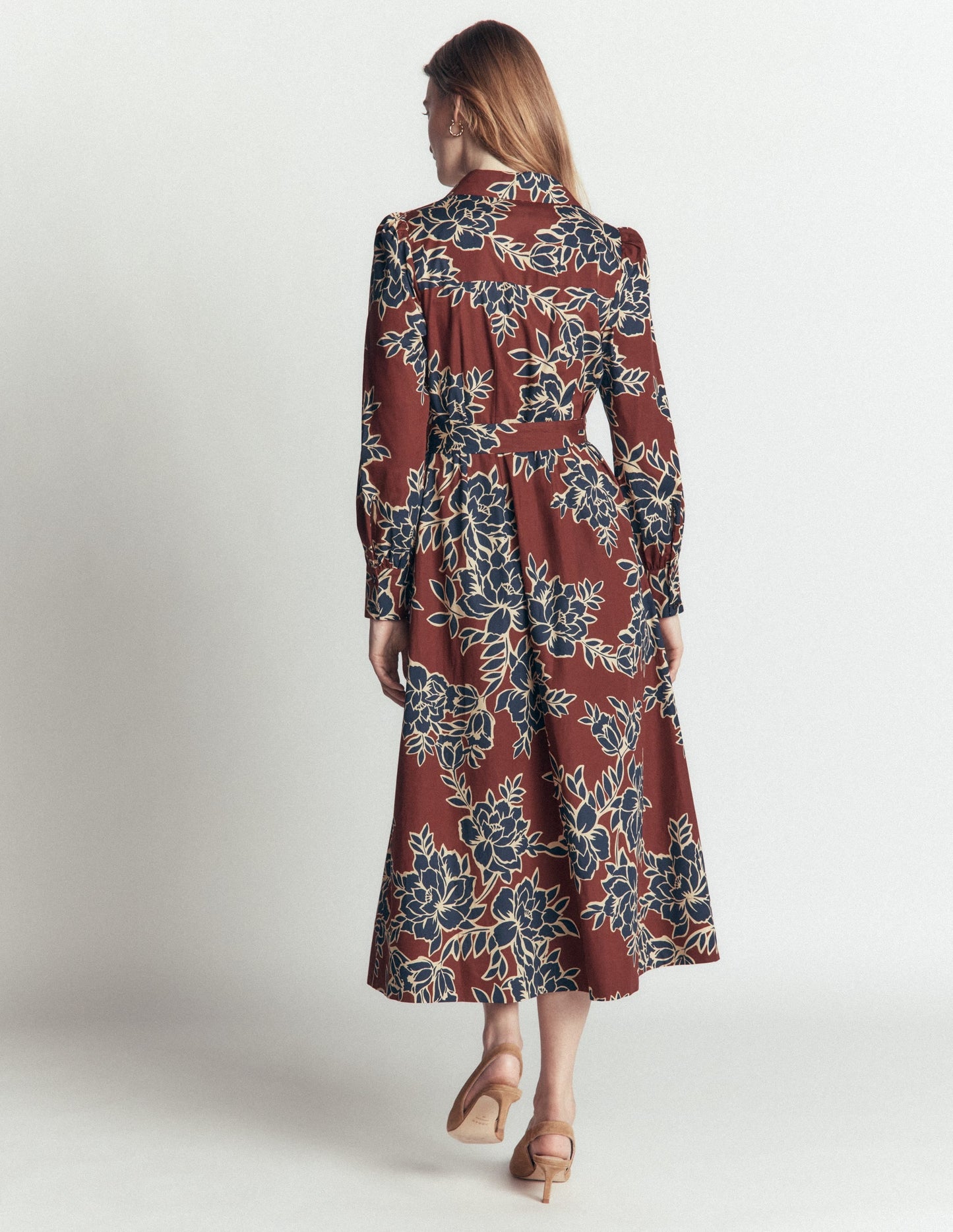 Maeve Cotton Midi Shirt Dress-Brown, Enchanted Peony Large