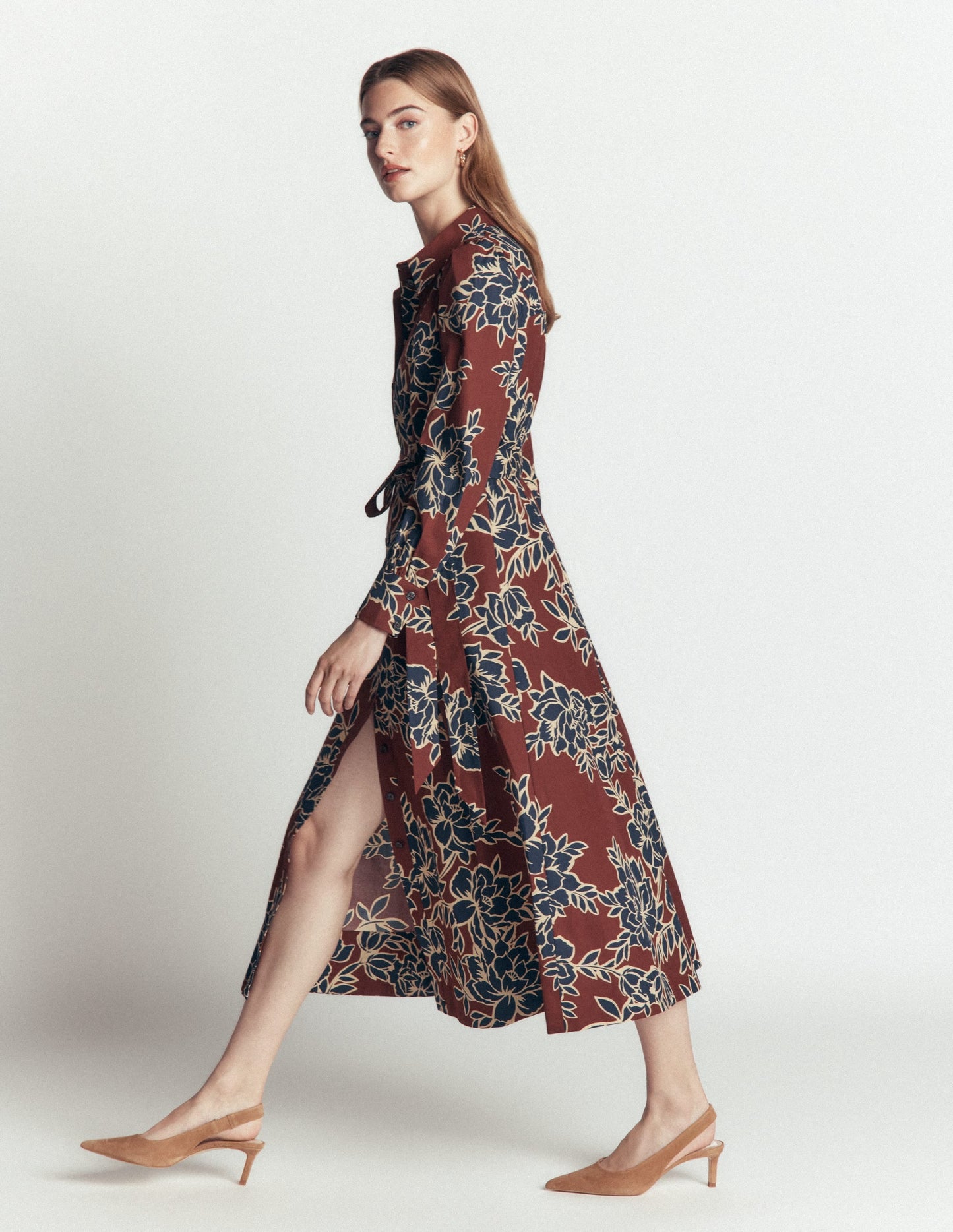 Maeve Cotton Midi Shirt Dress-Brown, Enchanted Peony Large