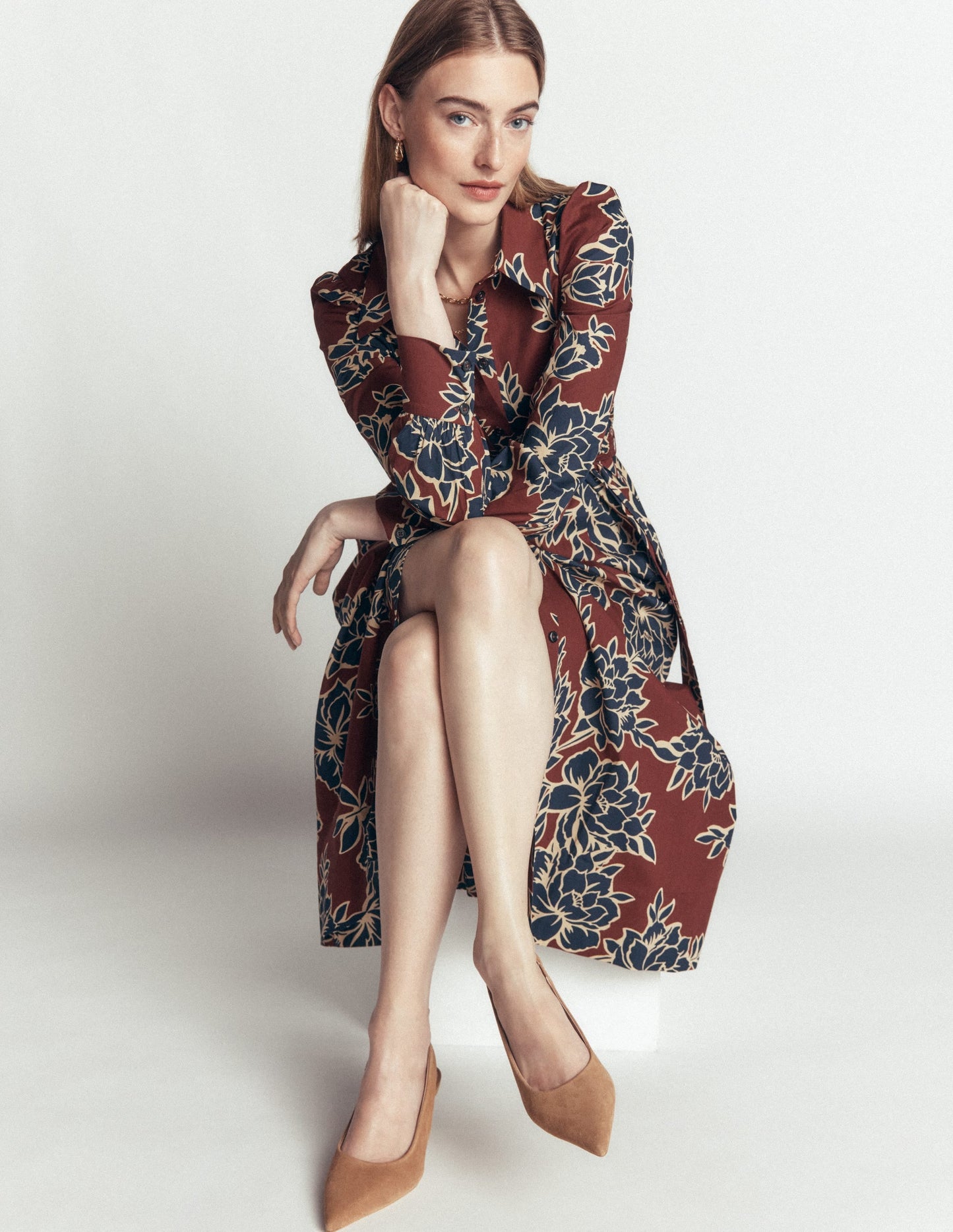 Maeve Cotton Midi Shirt Dress-Brown, Enchanted Peony Large