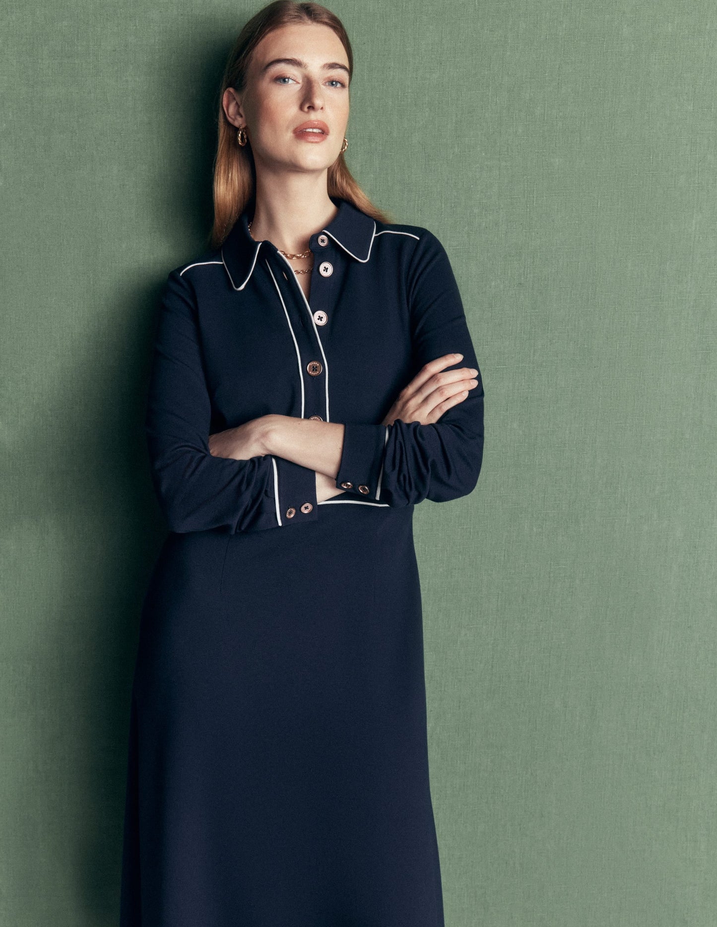 Etta Piping Detail Ponte Dress-Navy, Ivory