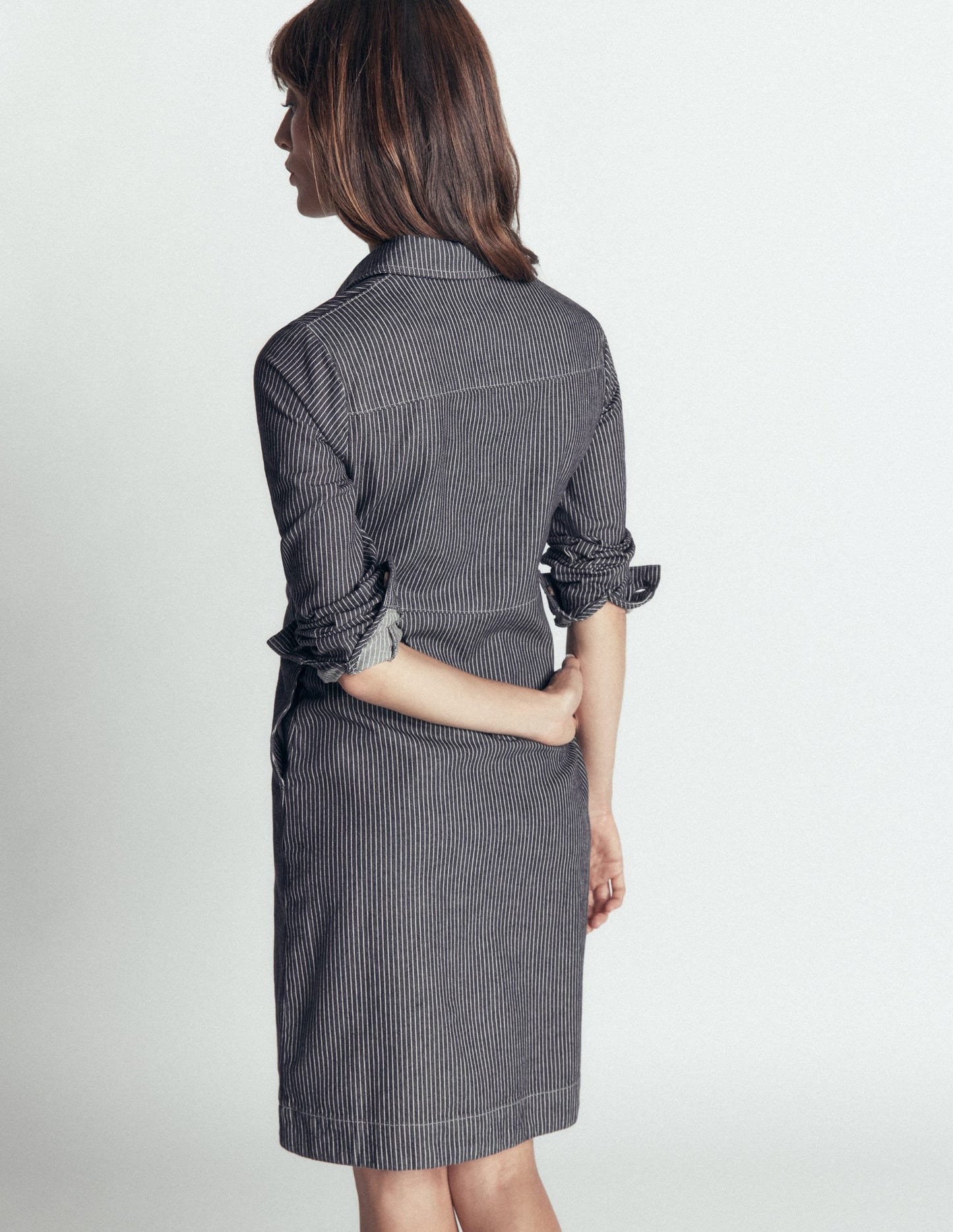 Bronte Denim Short Dress-Fine Denim Ticking Stripe