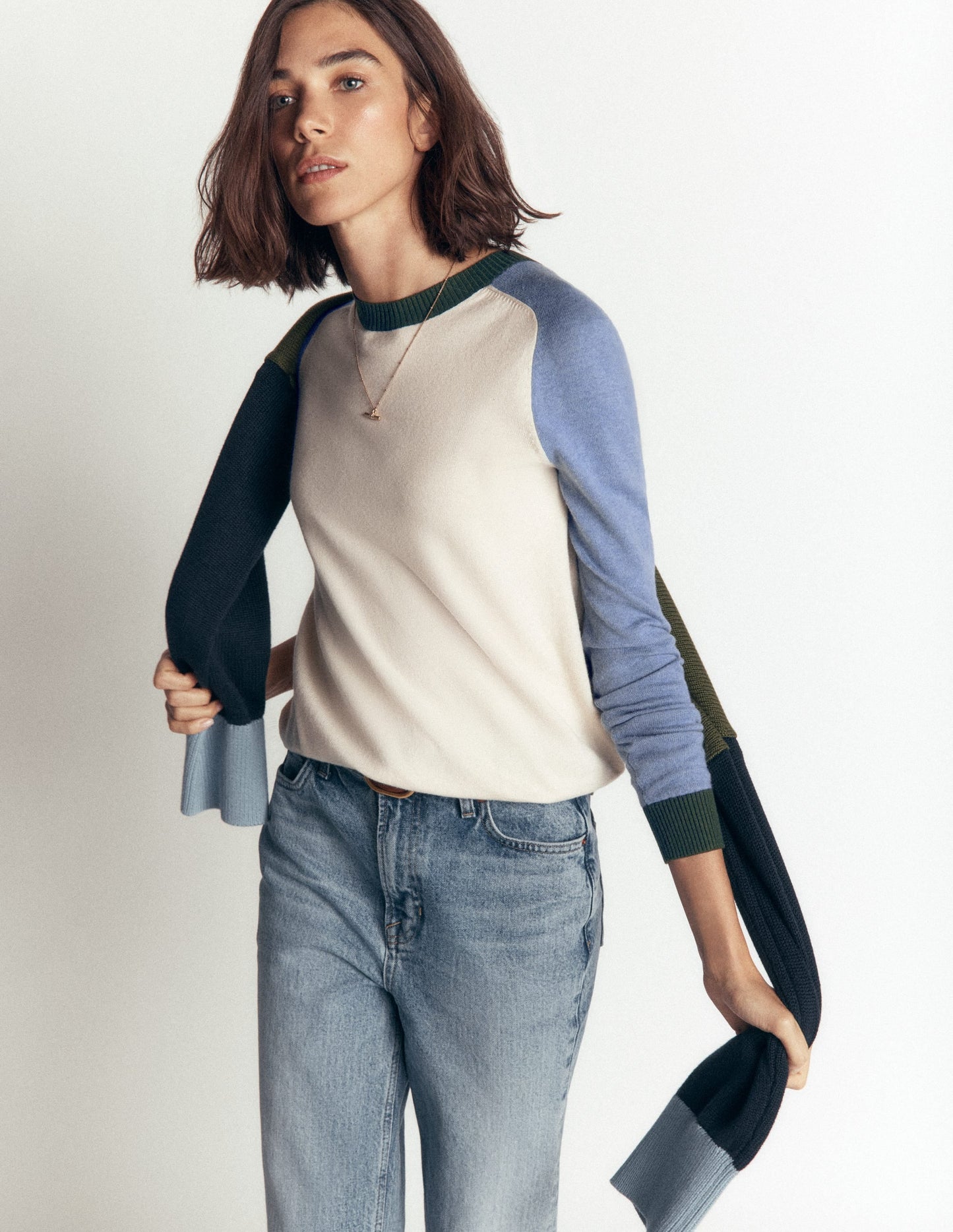 Meg Raglan Sleeve Jumper-Ivory, Blue and Green