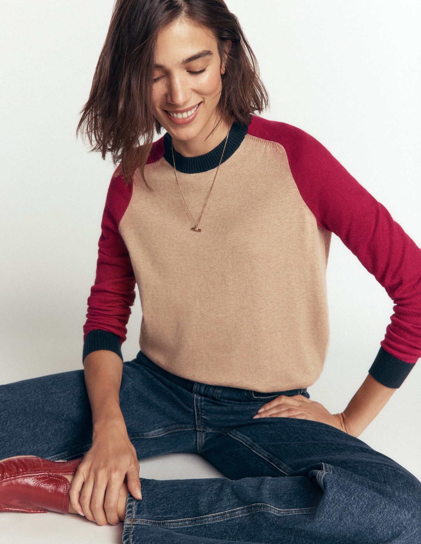 Meg Raglan Sleeve Jumper-Camel melange, red