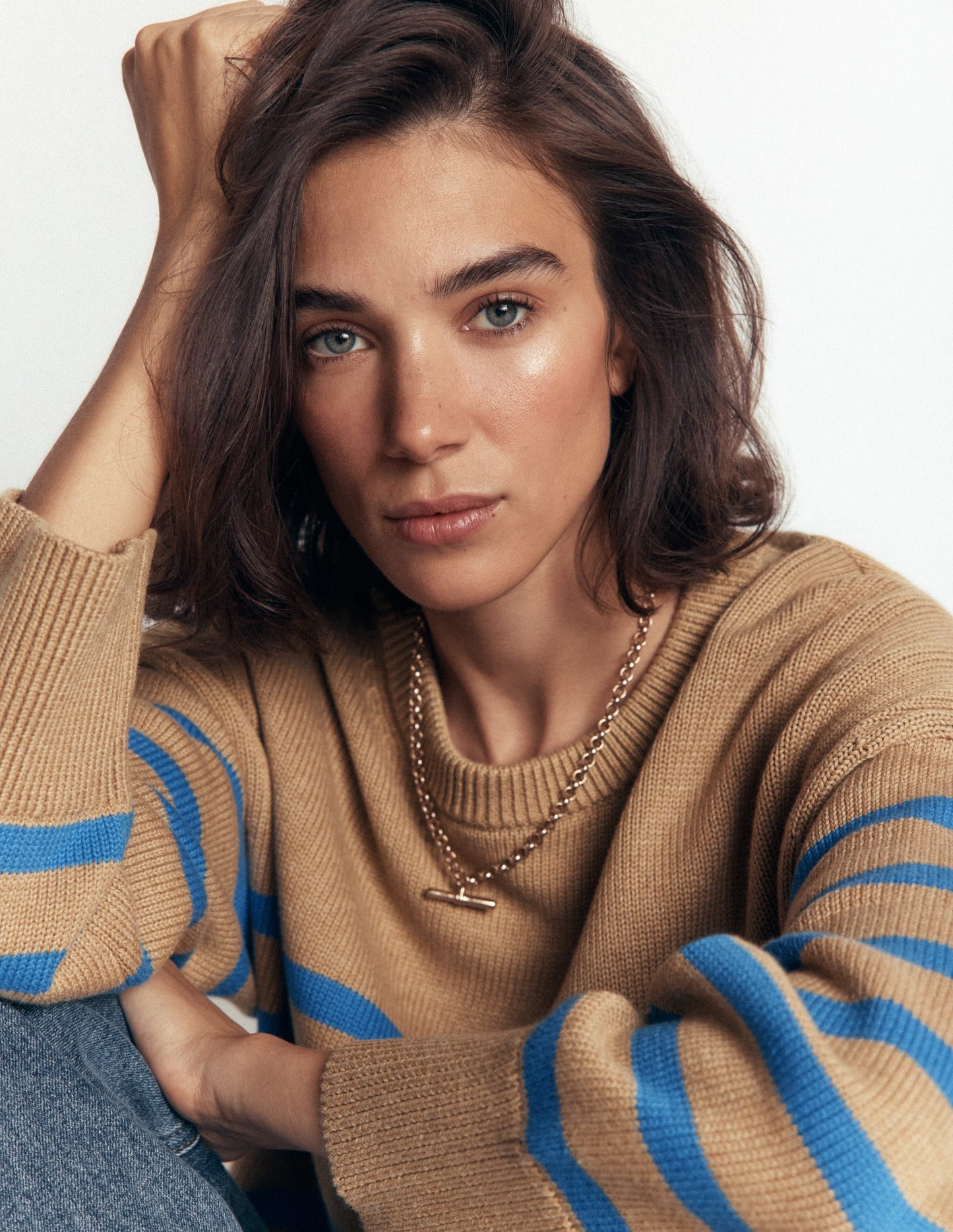 Lucy Relaxed Cotton Jumper-Camel, Blue Stripe