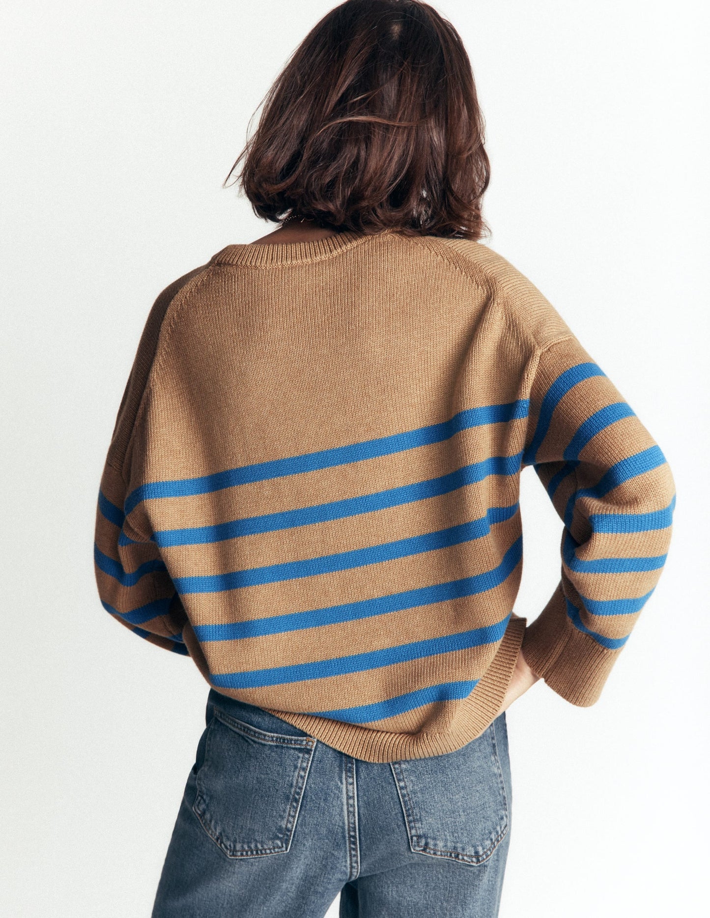 Lucy Relaxed Cotton Jumper-Camel, Blue Stripe