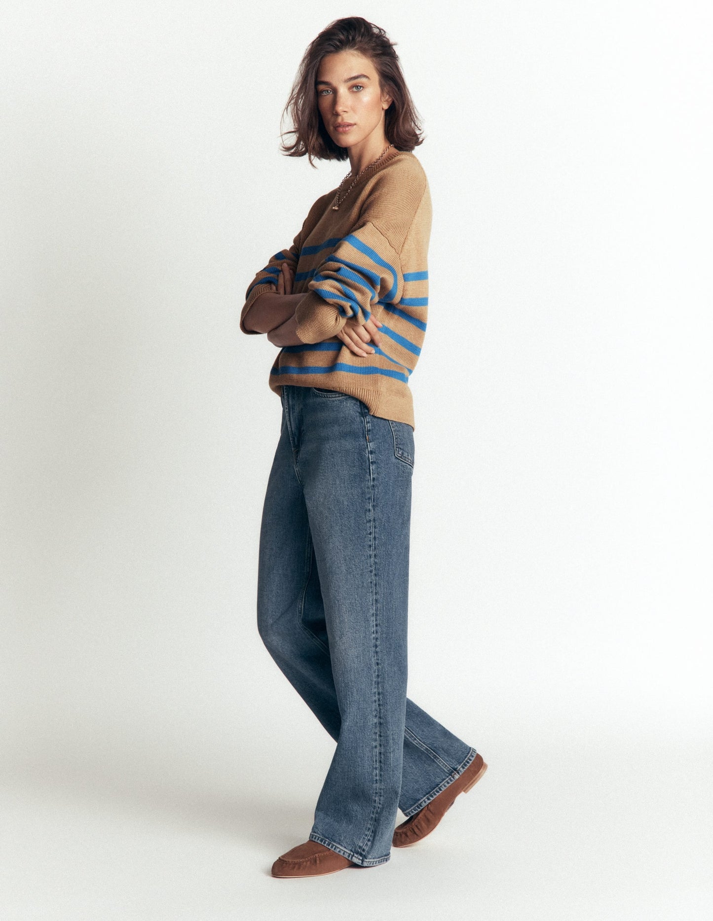 Lucy Relaxed Cotton Jumper-Camel, Blue Stripe