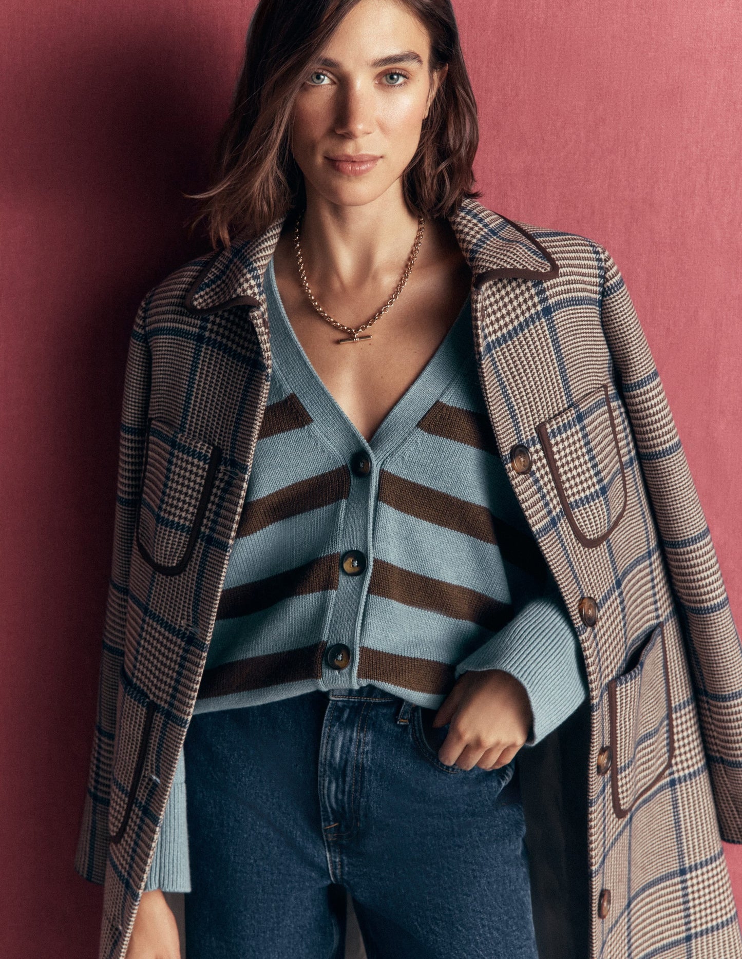 Lucy Relaxed Cotton Cardigan-Pavilion Blue, Brown Stripe