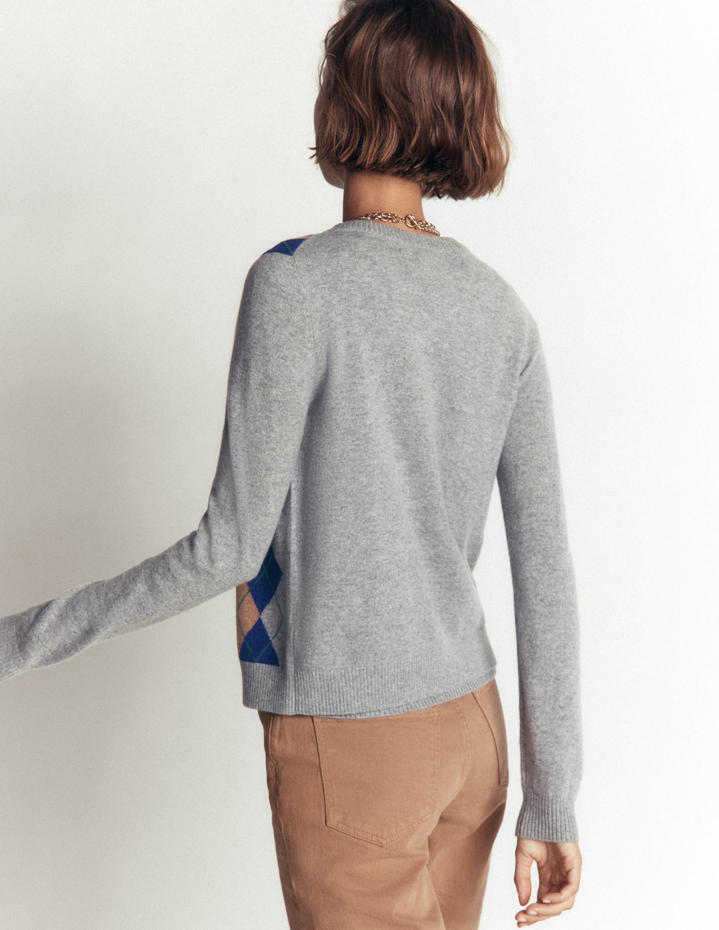 Elsie Cashmere Crew Cardigan-Grey Argyle
