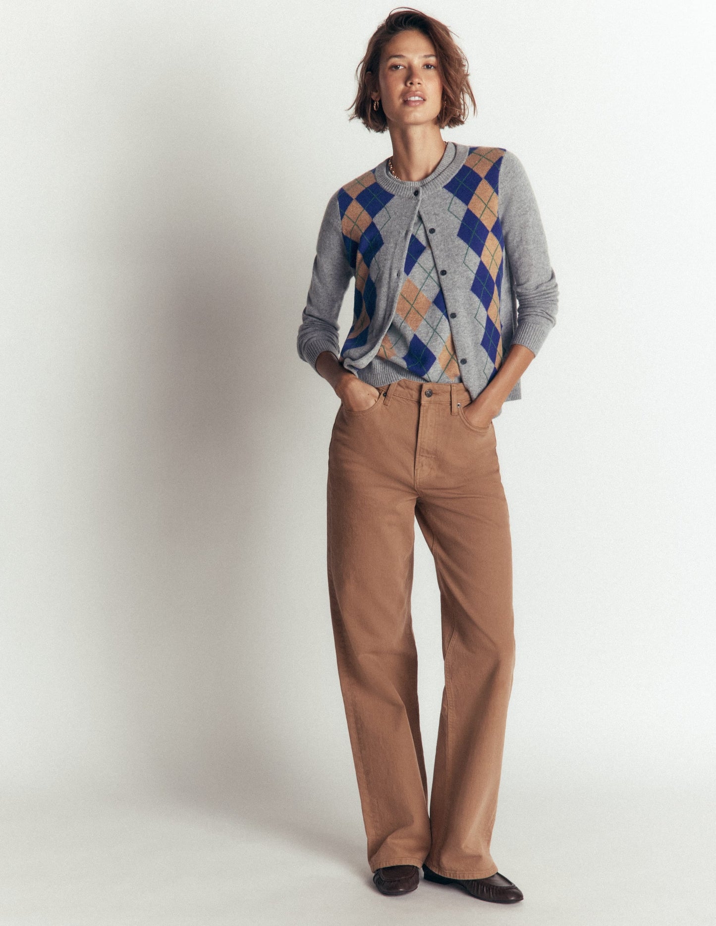 Elsie Cashmere Crew Cardigan-Grey Argyle