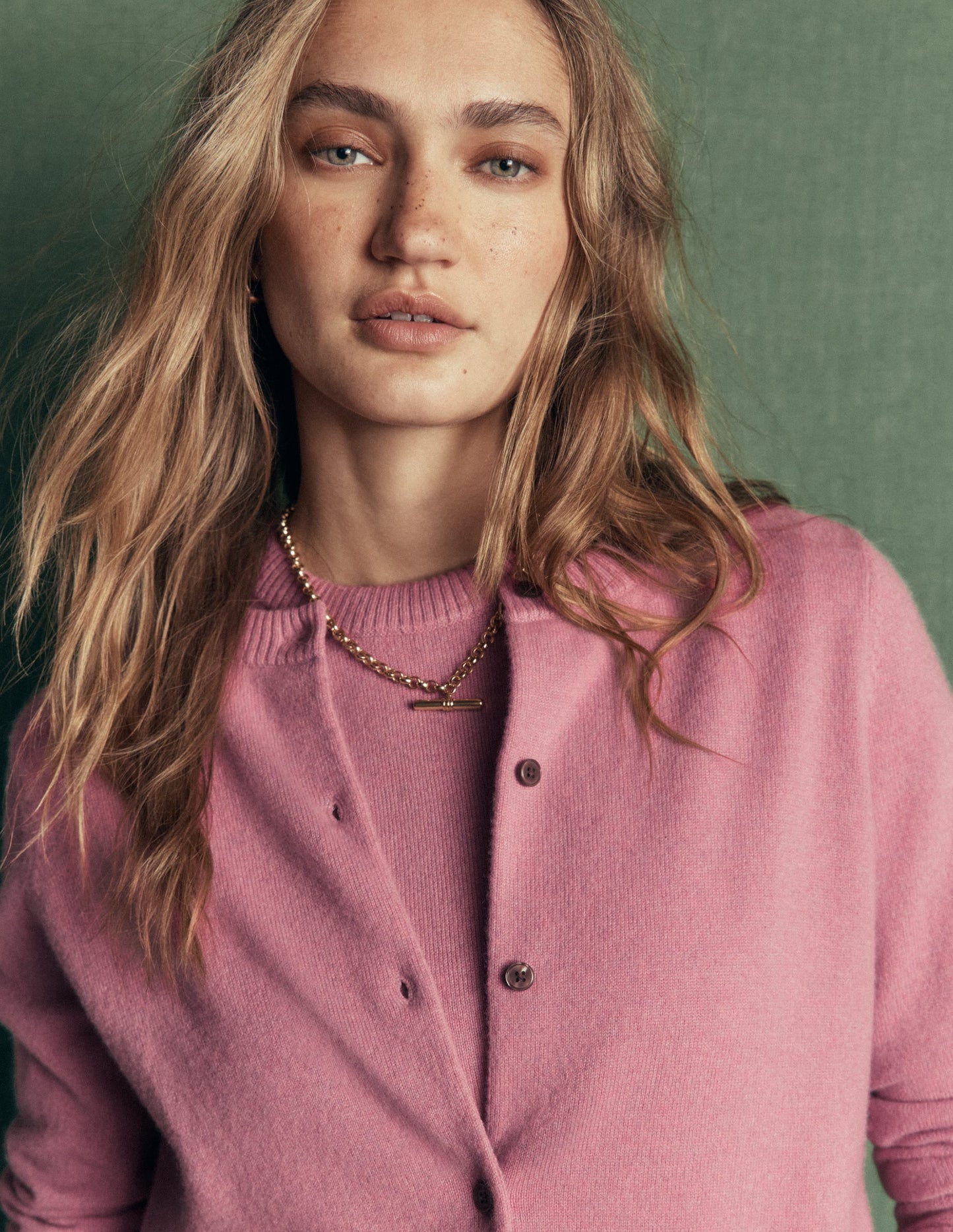 Elsie Cashmere Crew Cardigan-Pink Heather