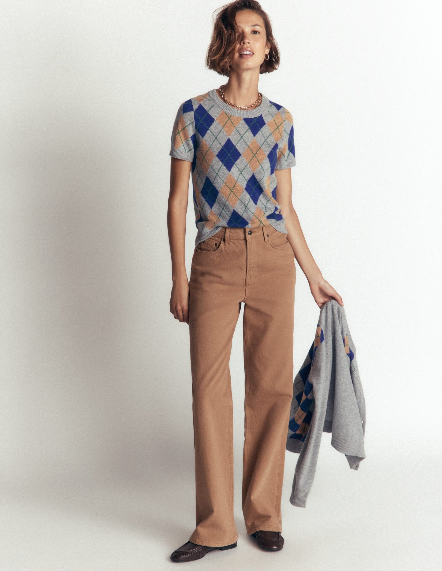 Elsie Cashmere Crew T-shirt-Grey, Argyle