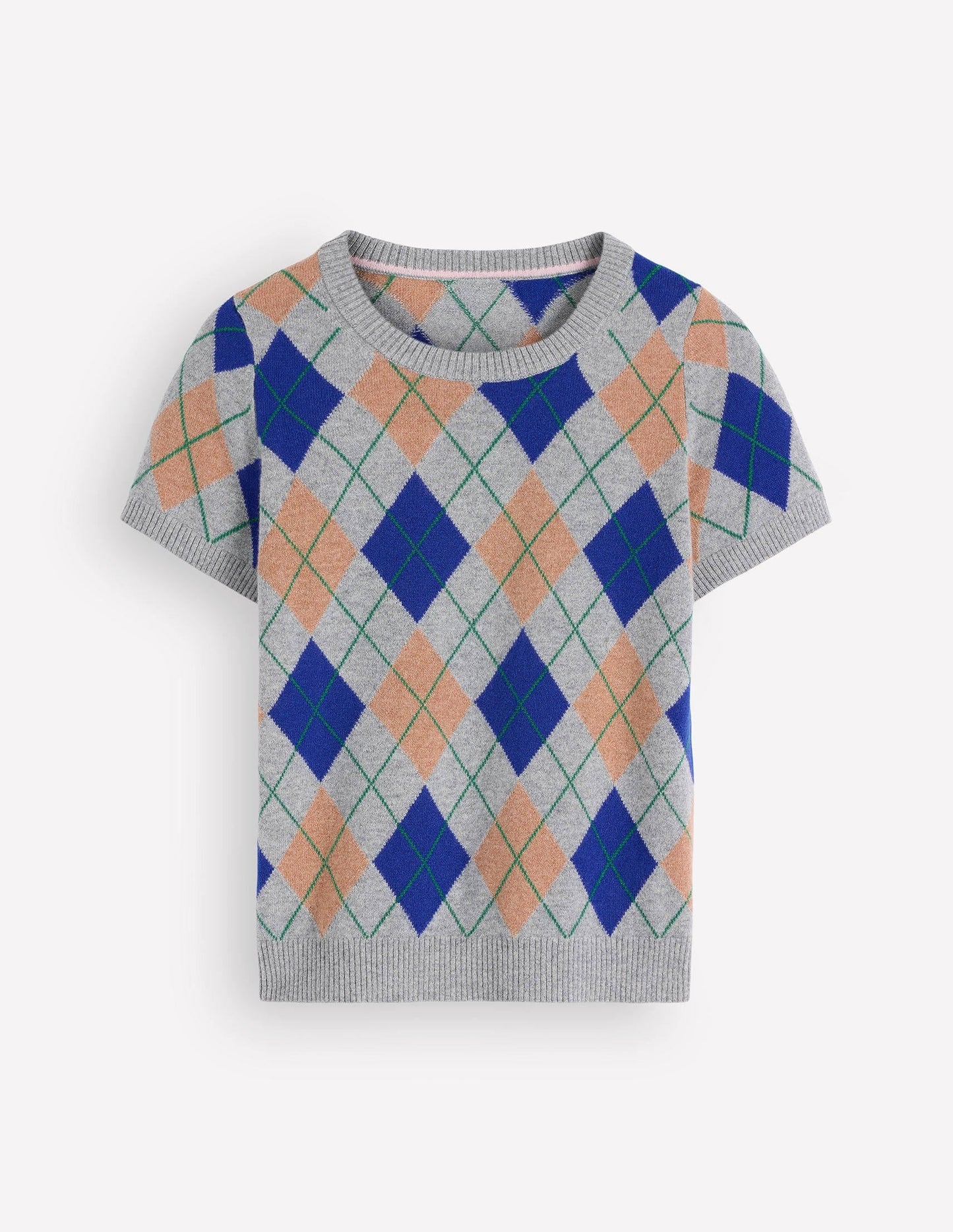 Elsie Cashmere Crew T-shirt-Grey, Argyle