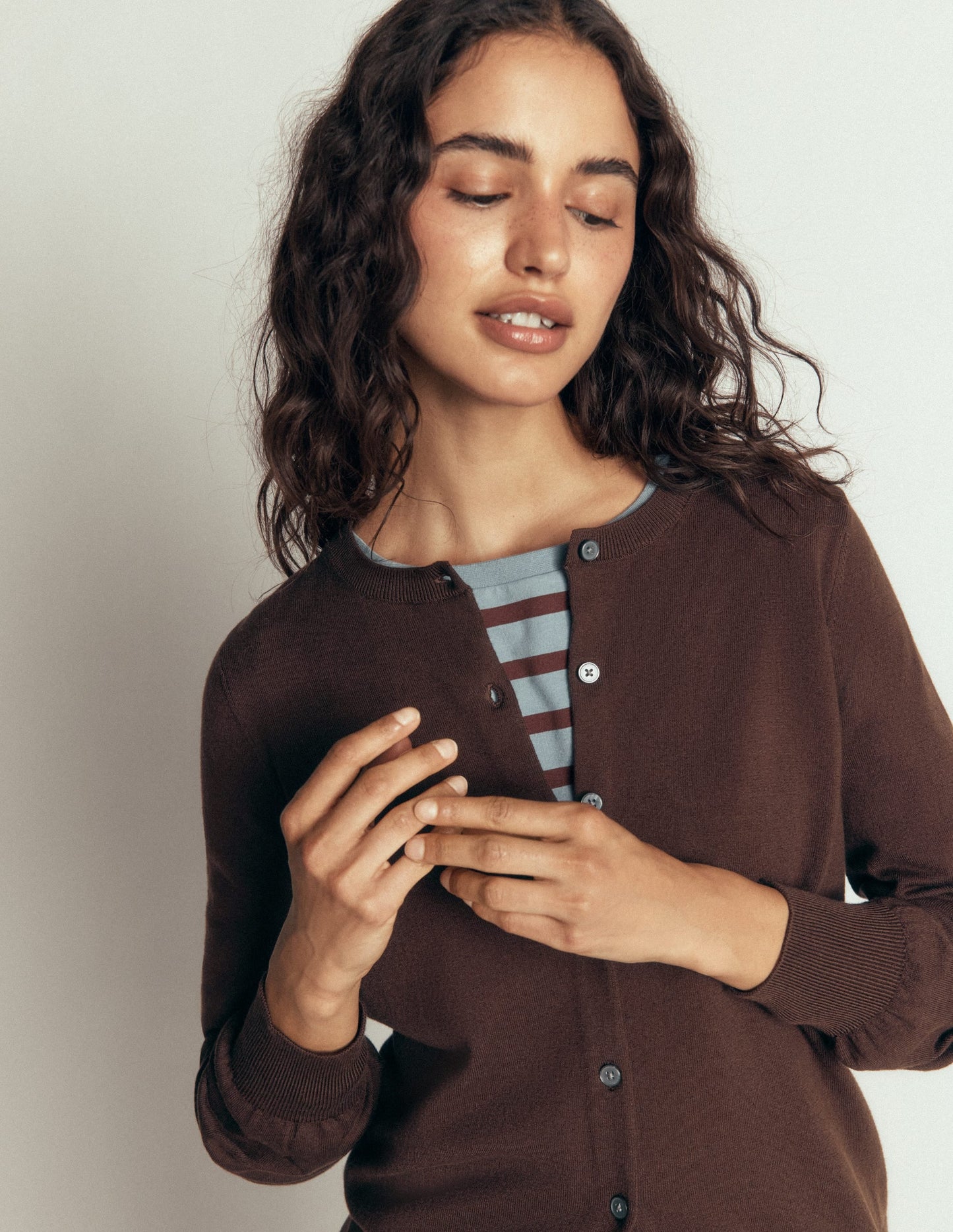 Camilla Cotton Crew Cardigan-Bitter Chocolate