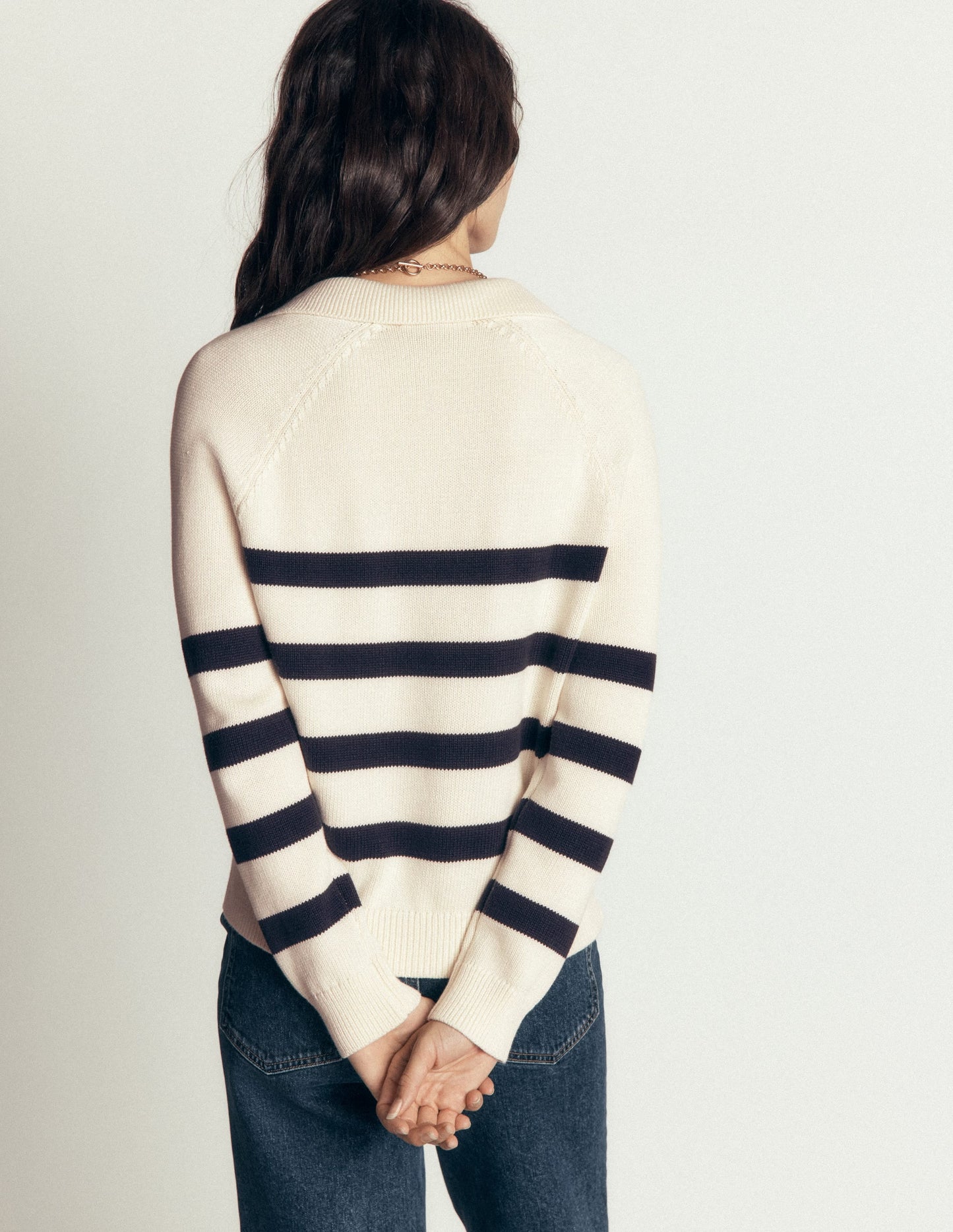 Lucy Cotton Henley Jumper-Ivory, Navy Stripe