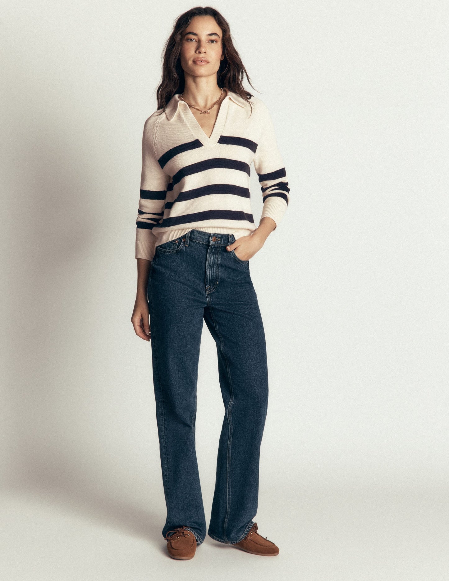 Lucy Cotton Henley Jumper-Ivory, Navy Stripe