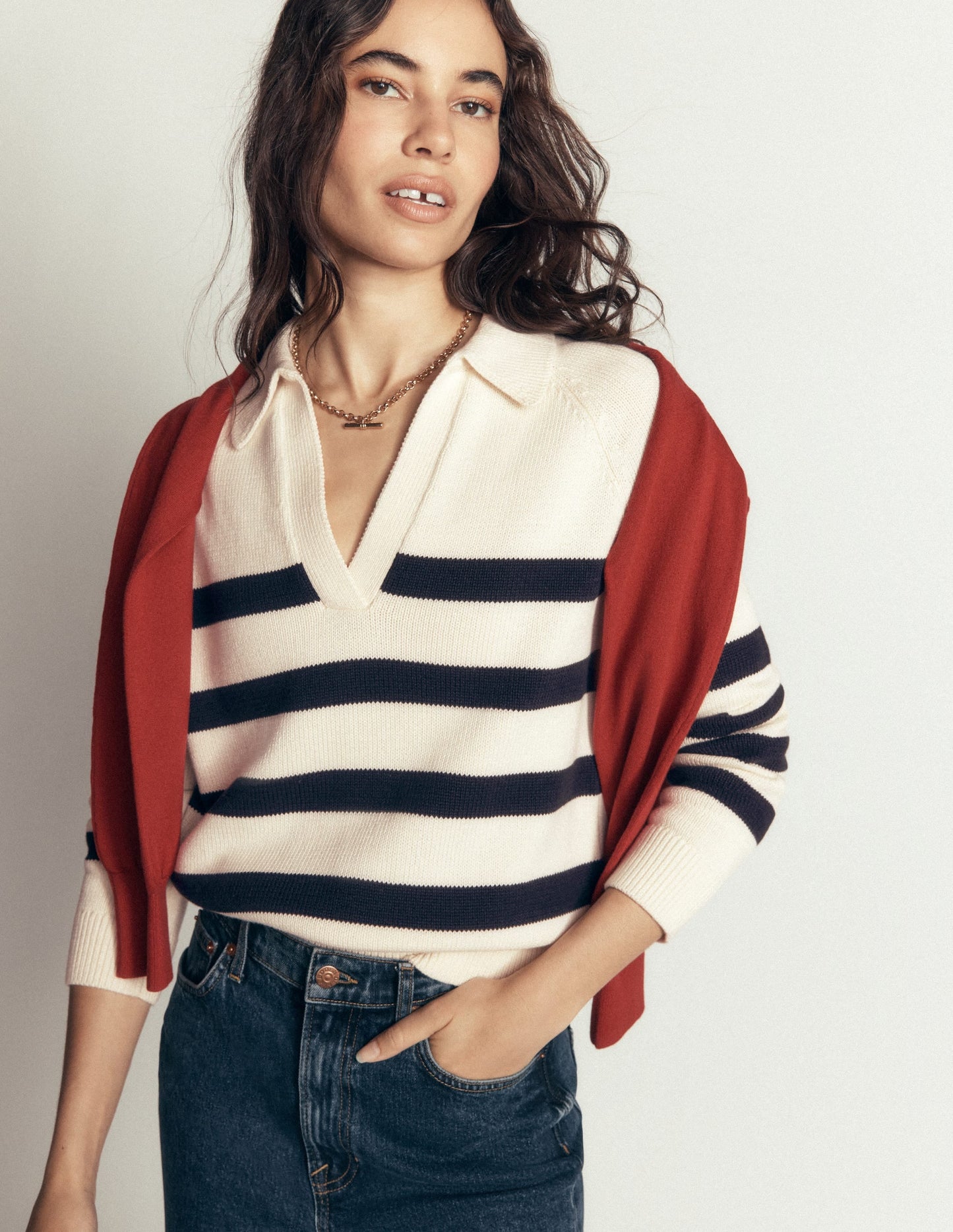 Lucy Cotton Henley Jumper-Ivory, Navy Stripe
