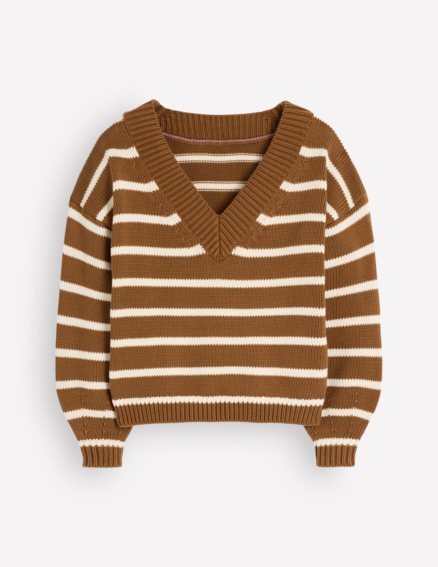 Lucy Cotton V-neck Jumper-Gingerbread, Ivory