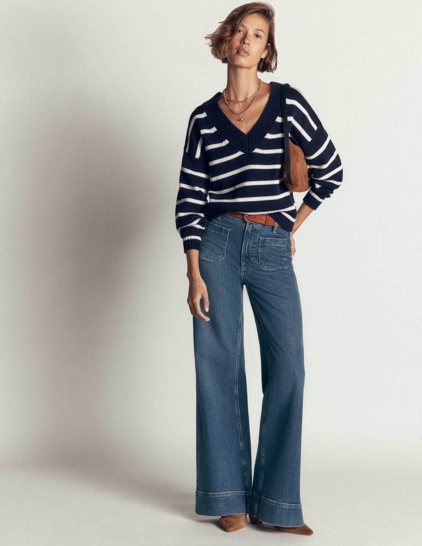 Lucy Cotton V-neck Jumper-Navy, Ivory