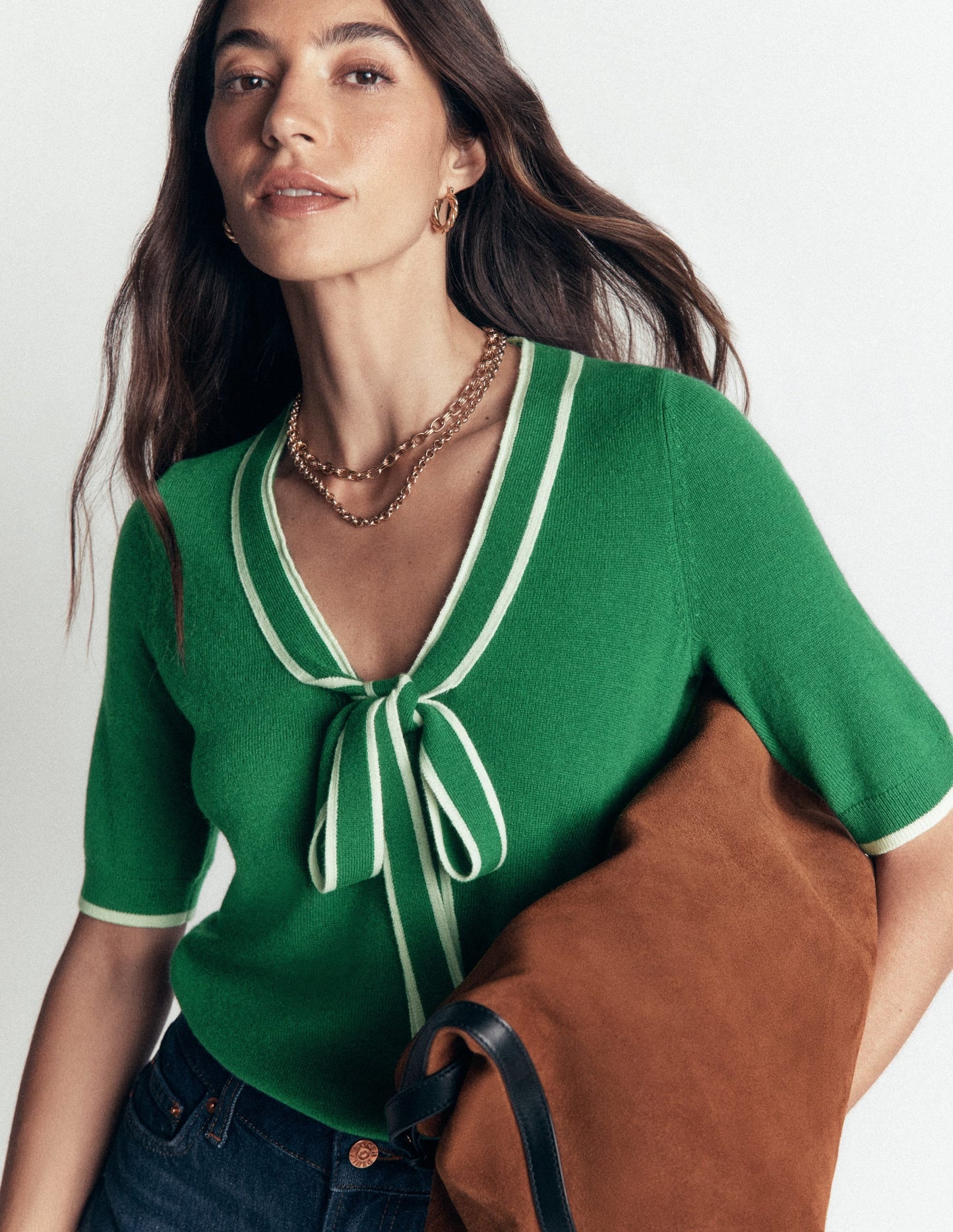 Bow Neck Knitted T-shirt-Fresh Green