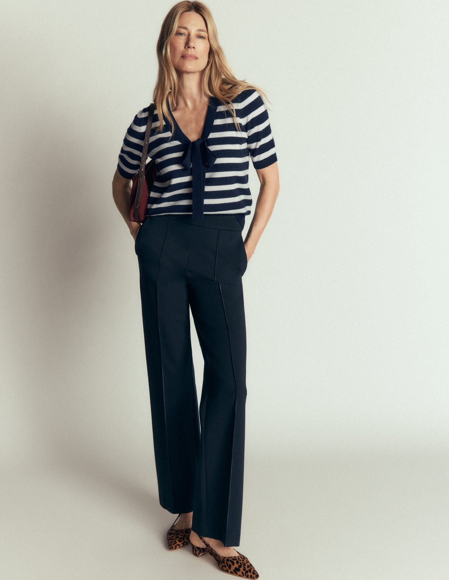 Bow Neck Knitted T-shirt-Navy, Ivory Stripe