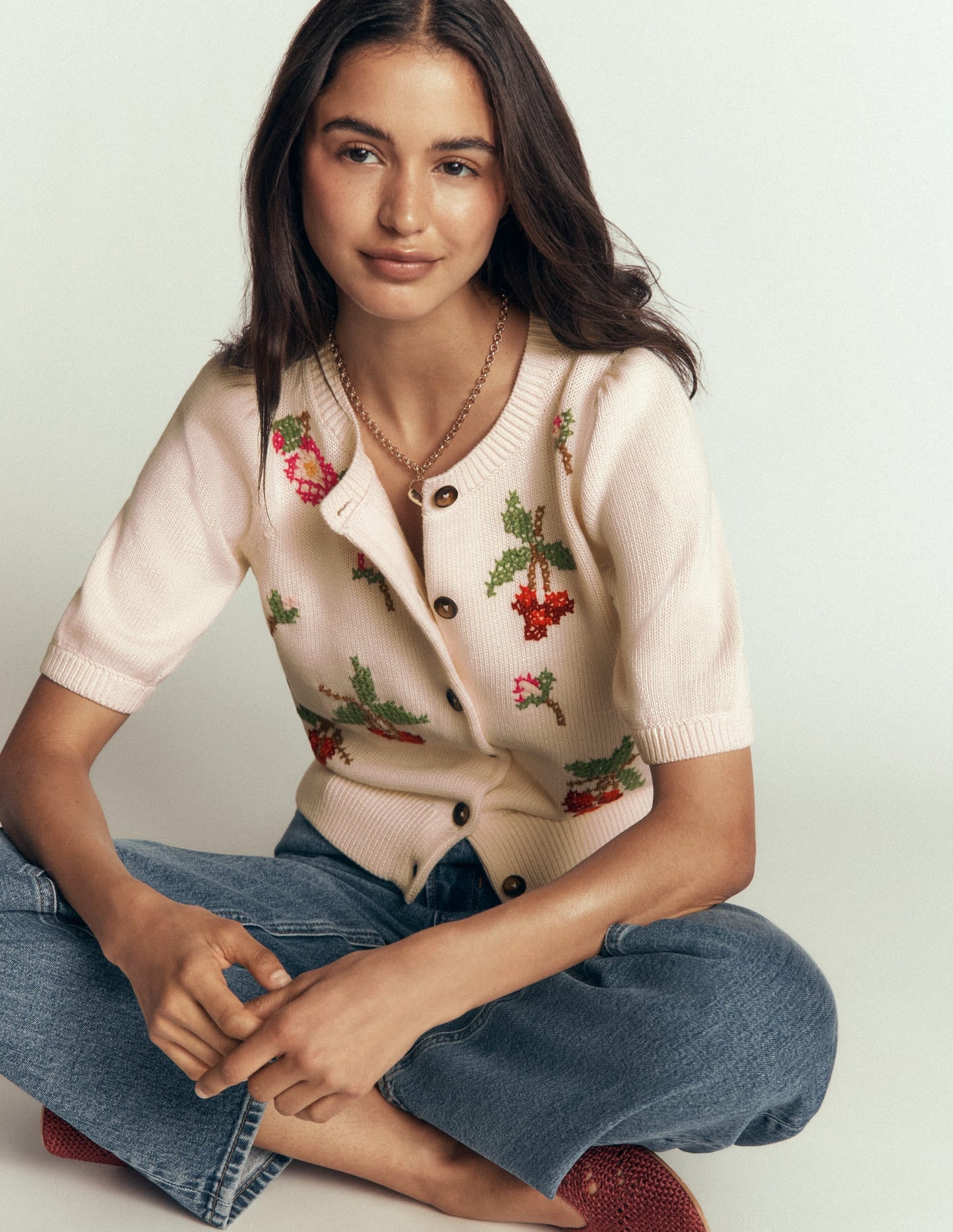 Puff Sleeve Cotton Cardigan-Warm Ivory, Embroidered