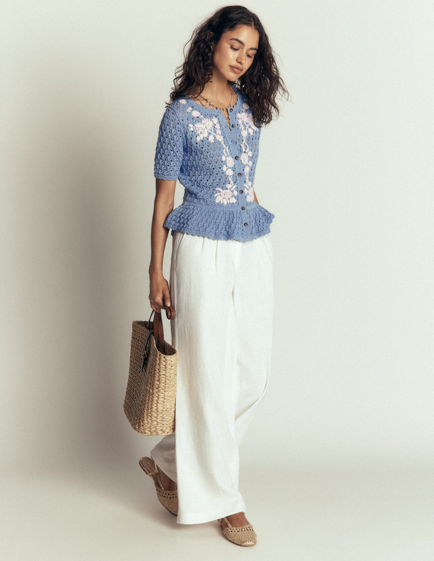Embroidered Pointelle Cardigan-French Blue Embroidered
