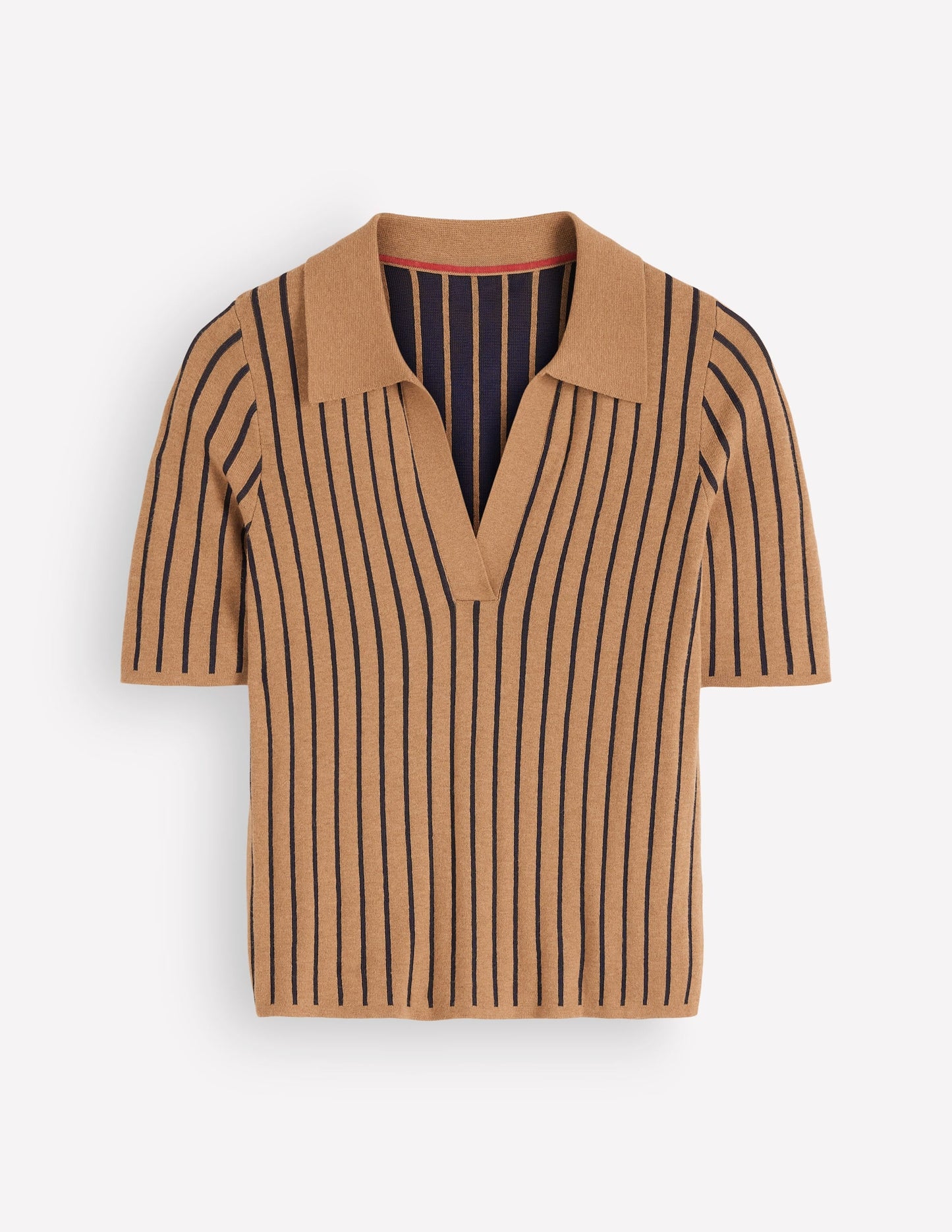Knitted Henley T-Shirt-Camel, Navy Stripe